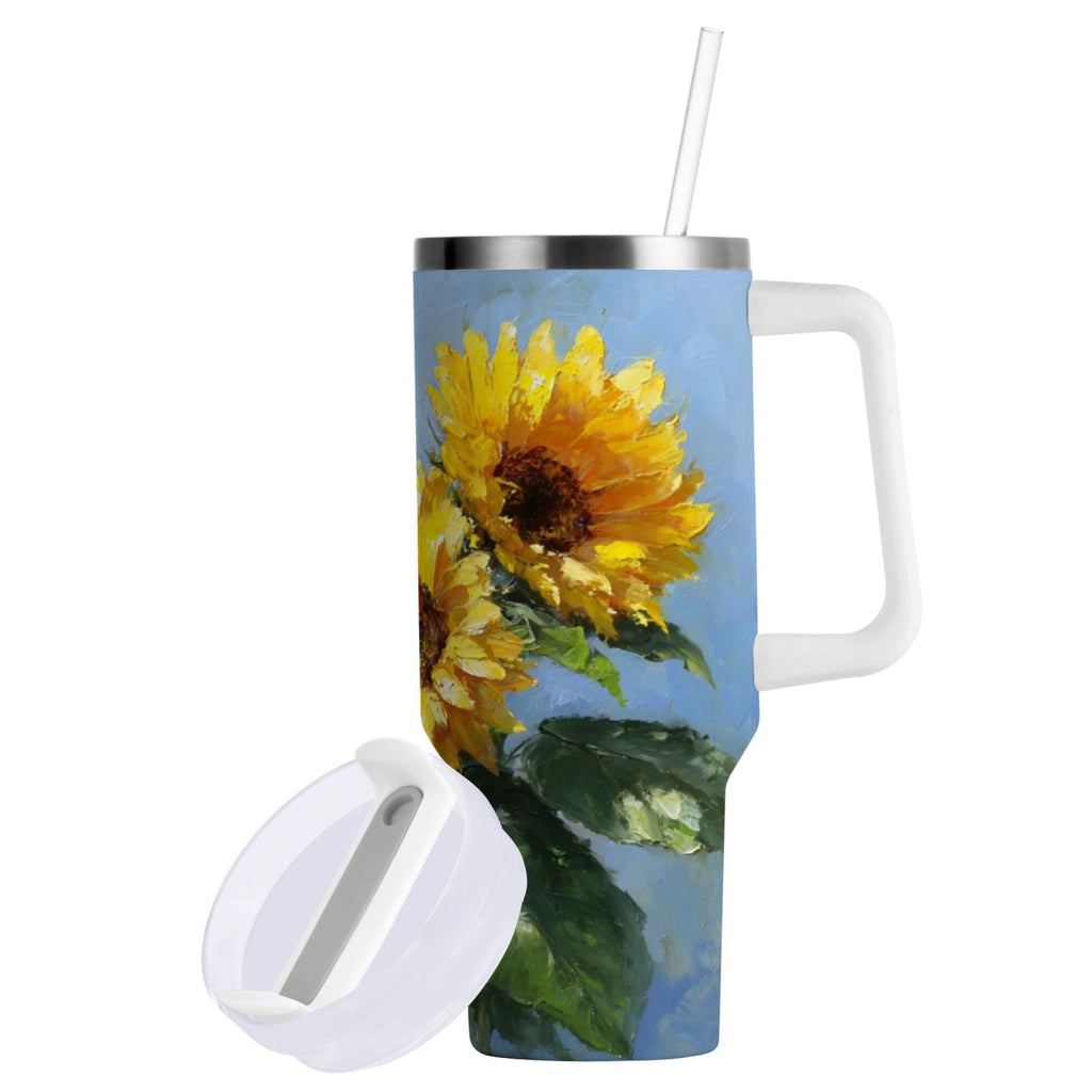 40 oz Insulated Stainless Steel Tumbler Double Wall Stainless Steel Tumbler with 2-Way Drinking Sunflowers Painting C611Q