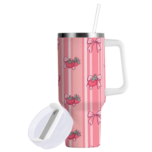 30 oz Insulated Stainless Steel Tumbler Double Wall Stainless Steel Tumbler with 2-Way Drinking Pink Bows and Strawberries C628Y