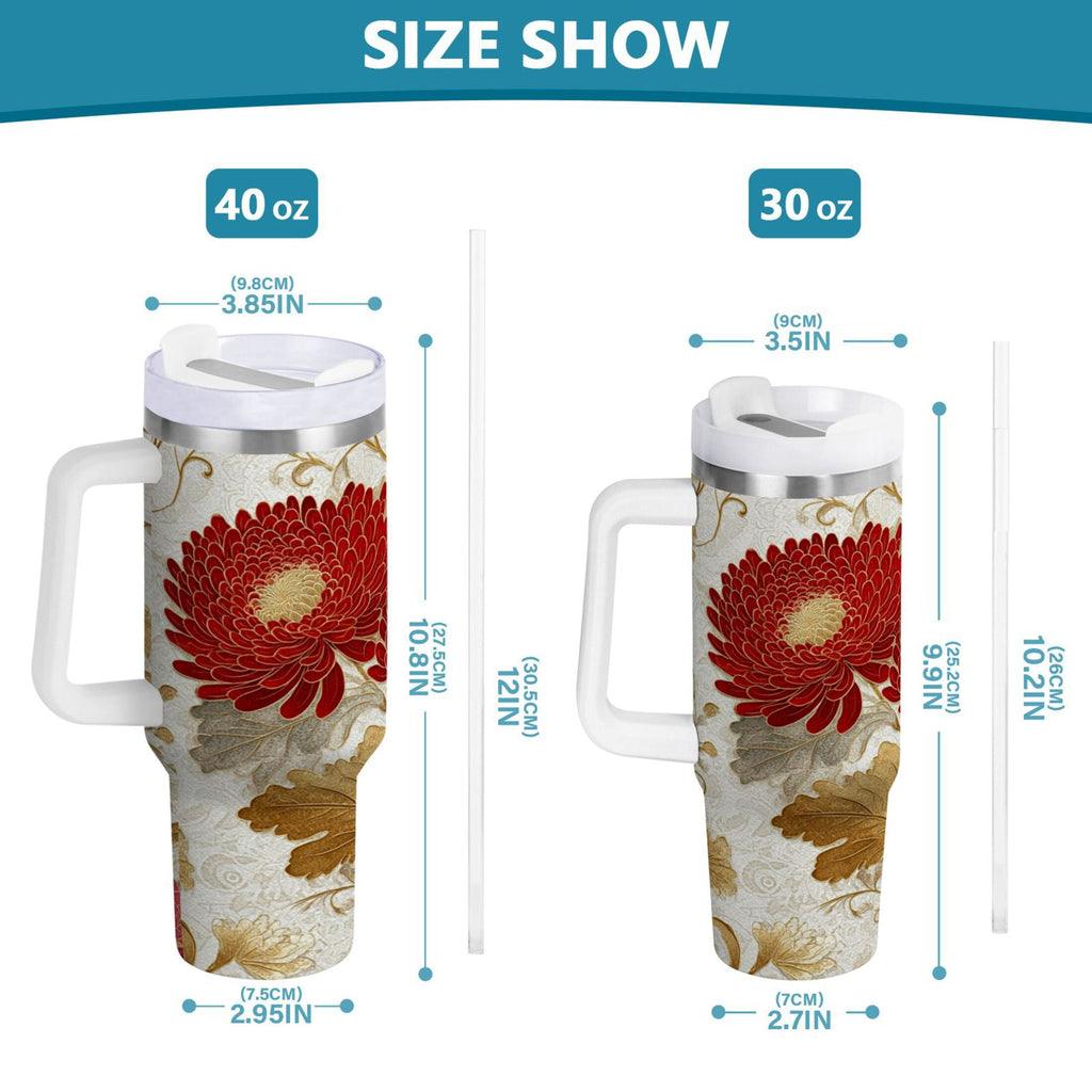 30 oz Insulated Stainless Steel Tumbler Double Wall Stainless Steel Tumbler with 2-Way Drinking Red Chrysanthemum Pattern C676E