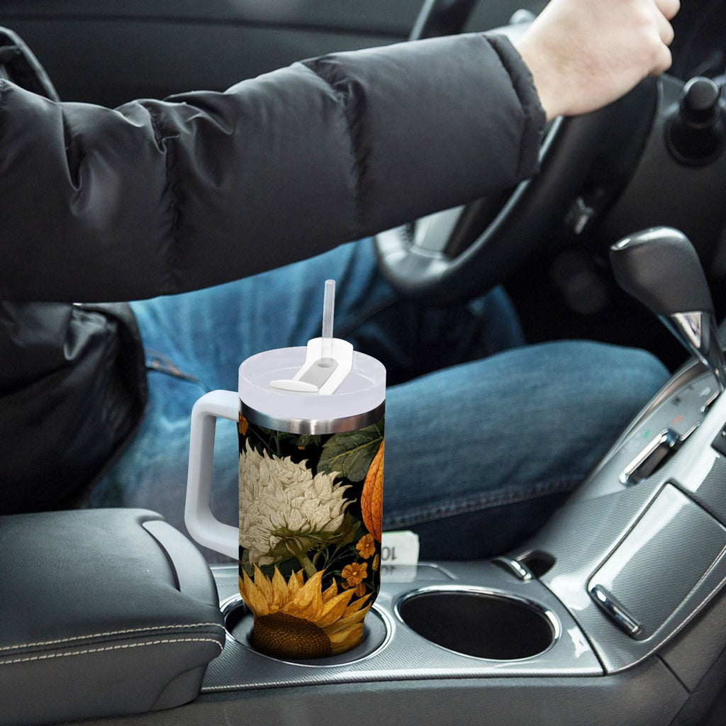 40 oz Insulated Stainless Steel Tumbler Double Wall Stainless Steel Tumbler with 2-Way Drinking Pumpkins and Sunflowers Pattern C560L
