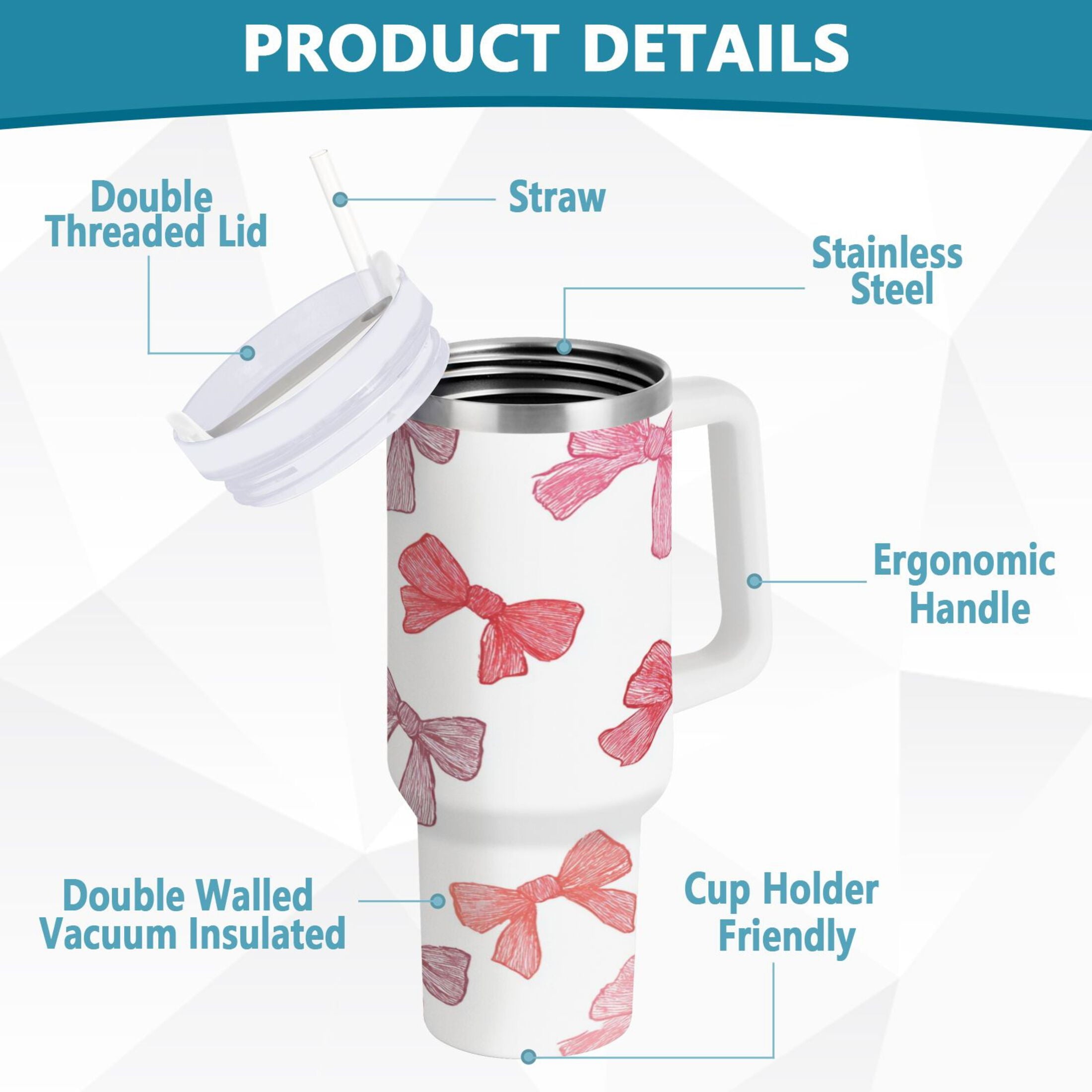 40 oz Insulated Stainless Steel Tumbler Double Wall Stainless Steel Tumbler with 2-Way Drinking Pink Bows Pattern C570V