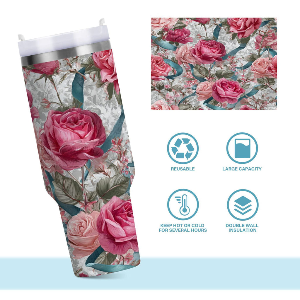 30 oz Insulated Stainless Steel Tumbler Double Wall Stainless Steel Tumbler with 2-Way Drinking Roses and Ribbons C675U
