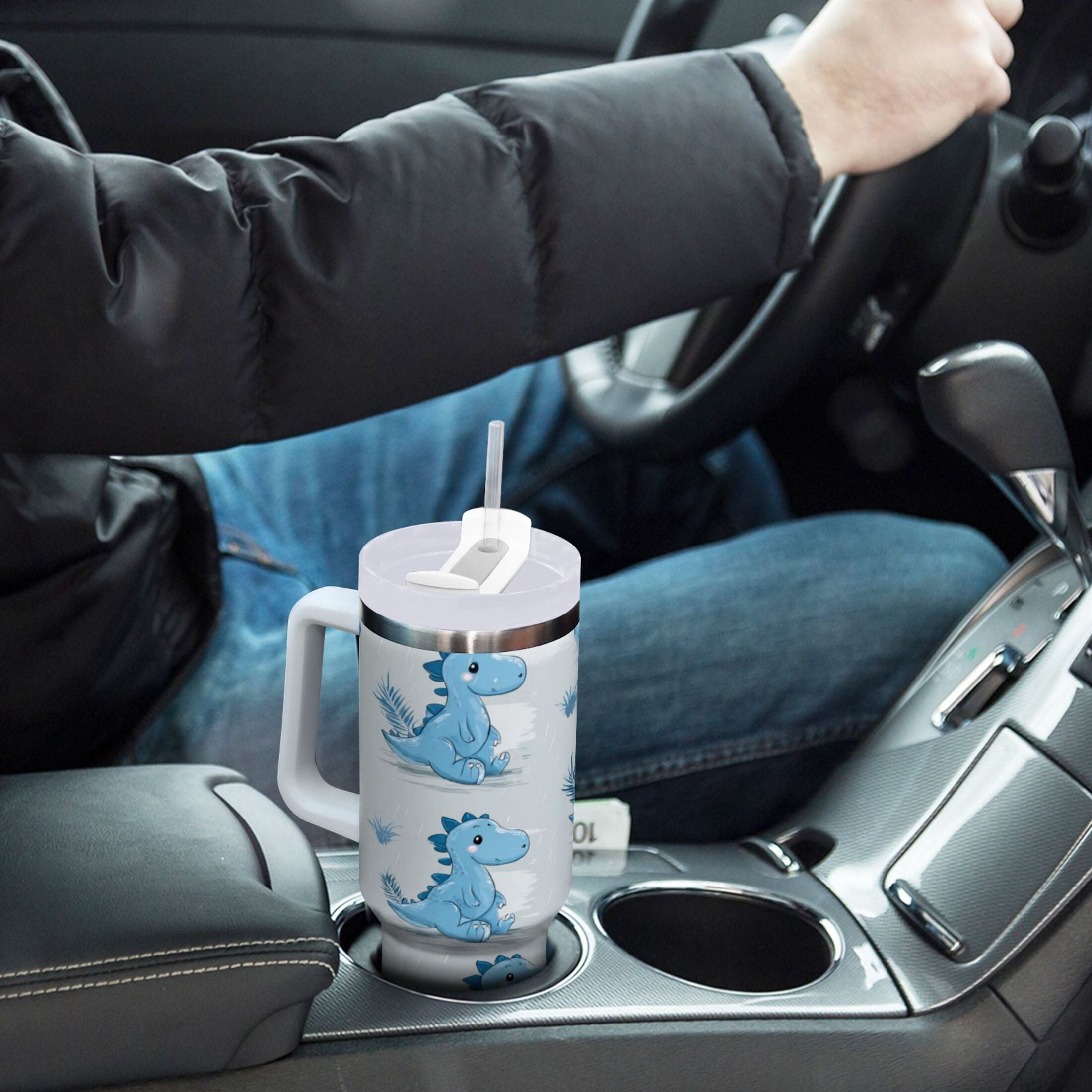 30 oz Insulated Stainless Steel Tumbler Double Wall Stainless Steel Tumbler with 2-Way Drinking Cartoon Blue Dinosaurs C495H