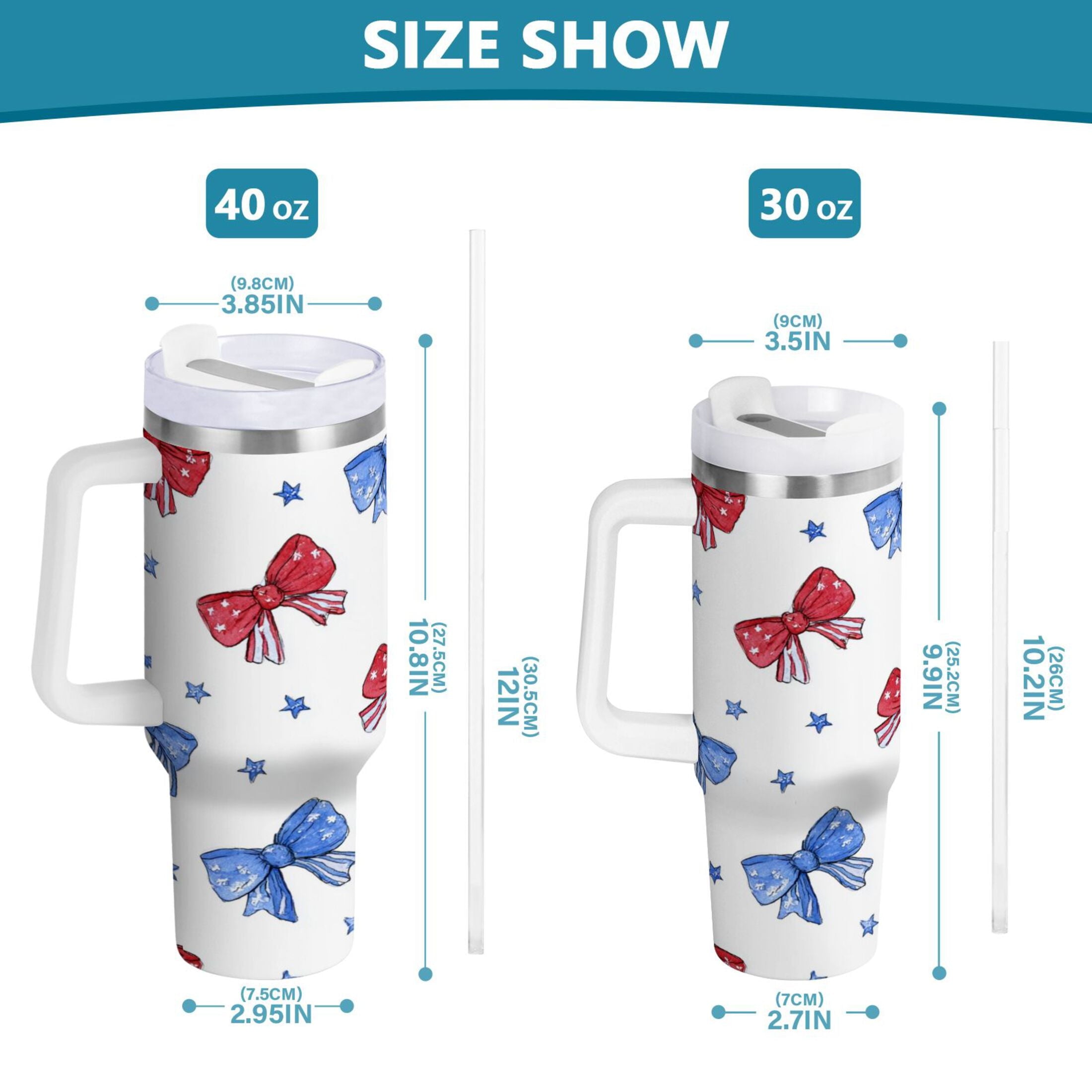 40 oz Insulated Stainless Steel Tumbler Double Wall Stainless Steel Tumbler with 2-Way Drinking Hand-drawn Bows C587X