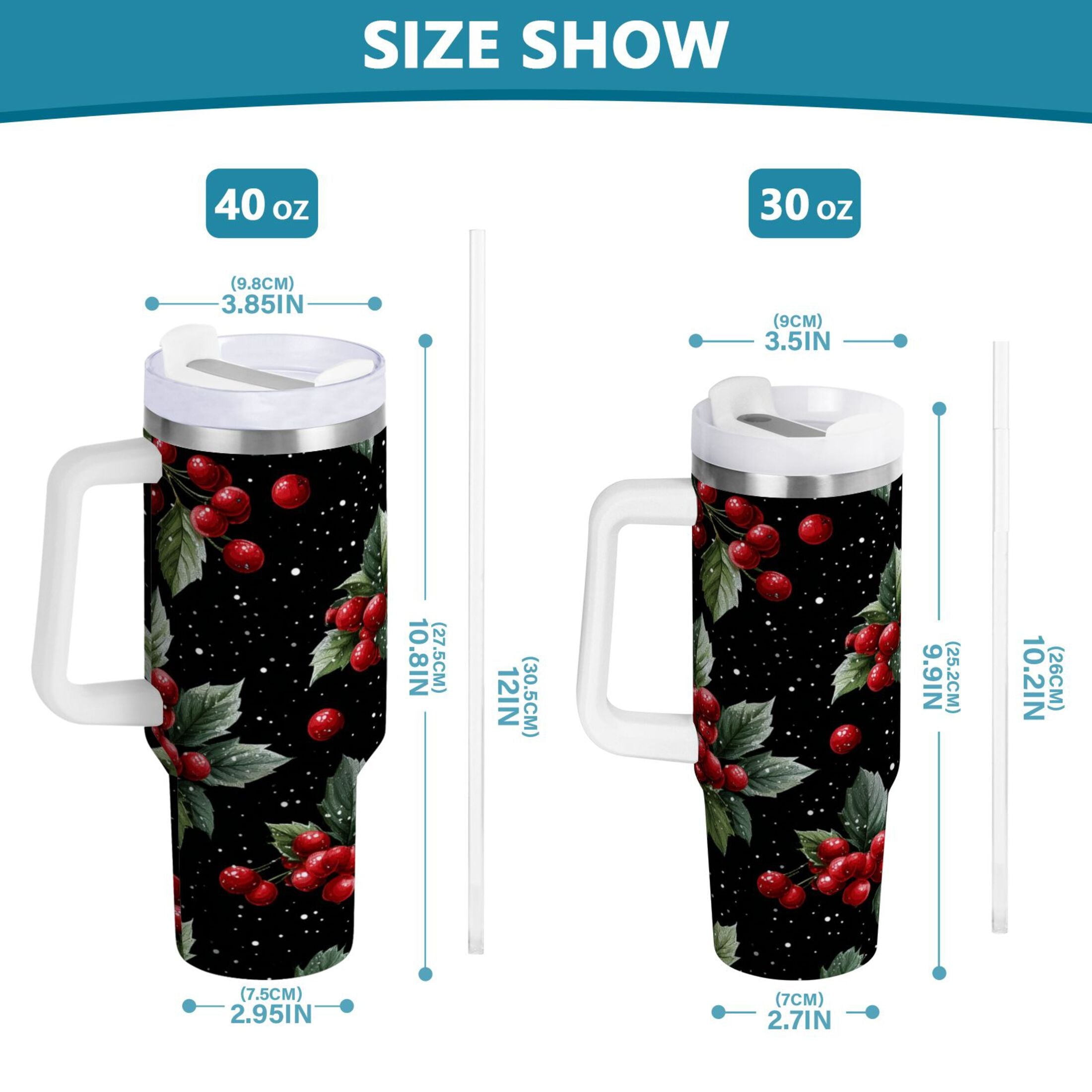 40 oz Insulated Stainless Steel Tumbler Double Wall Stainless Steel Tumbler with 2-Way Drinking Red Holly Berries Pattern C652E