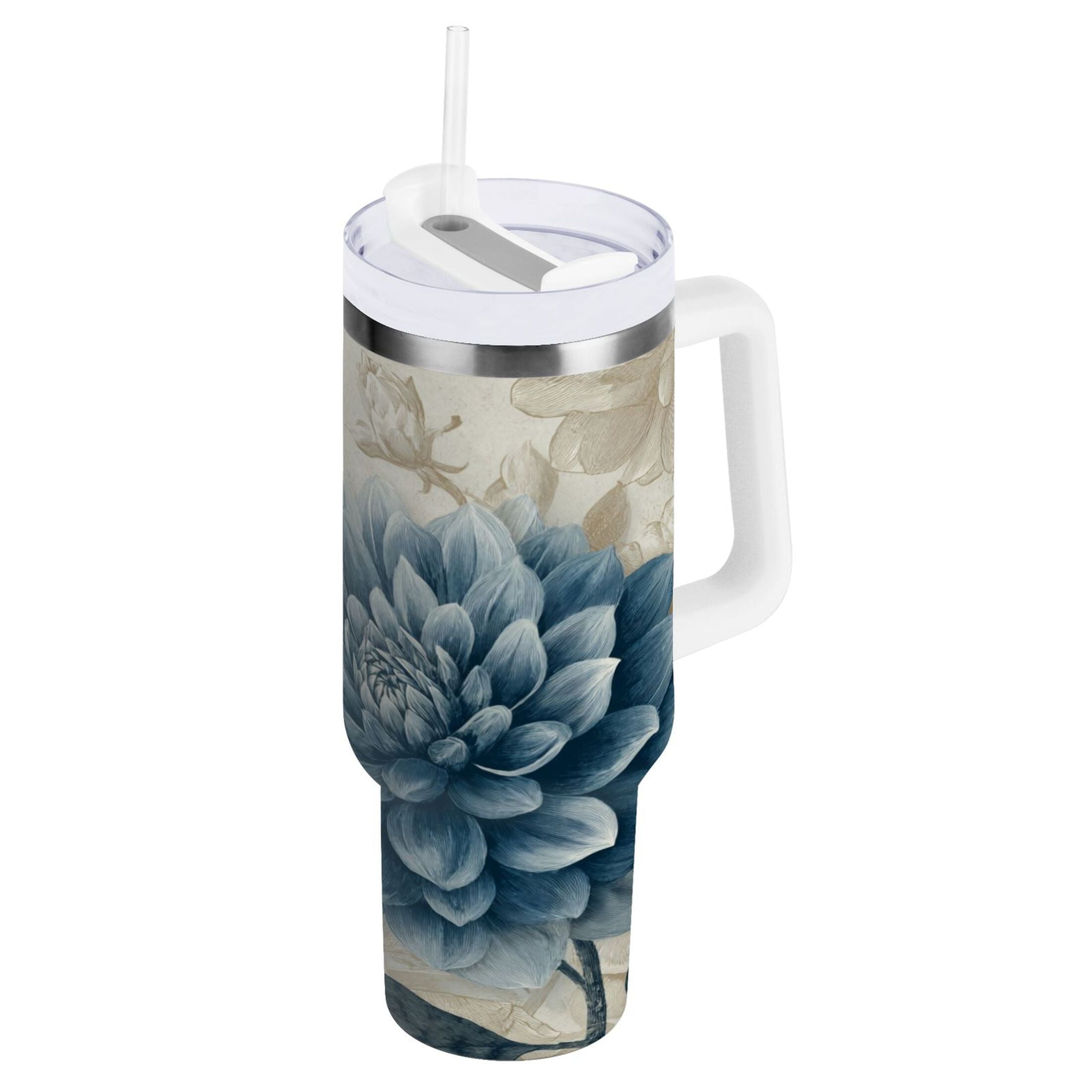40 oz Insulated Stainless Steel Tumbler Double Wall Stainless Steel Tumbler with 2-Way Drinking Blue Flower with Butterflies C462R
