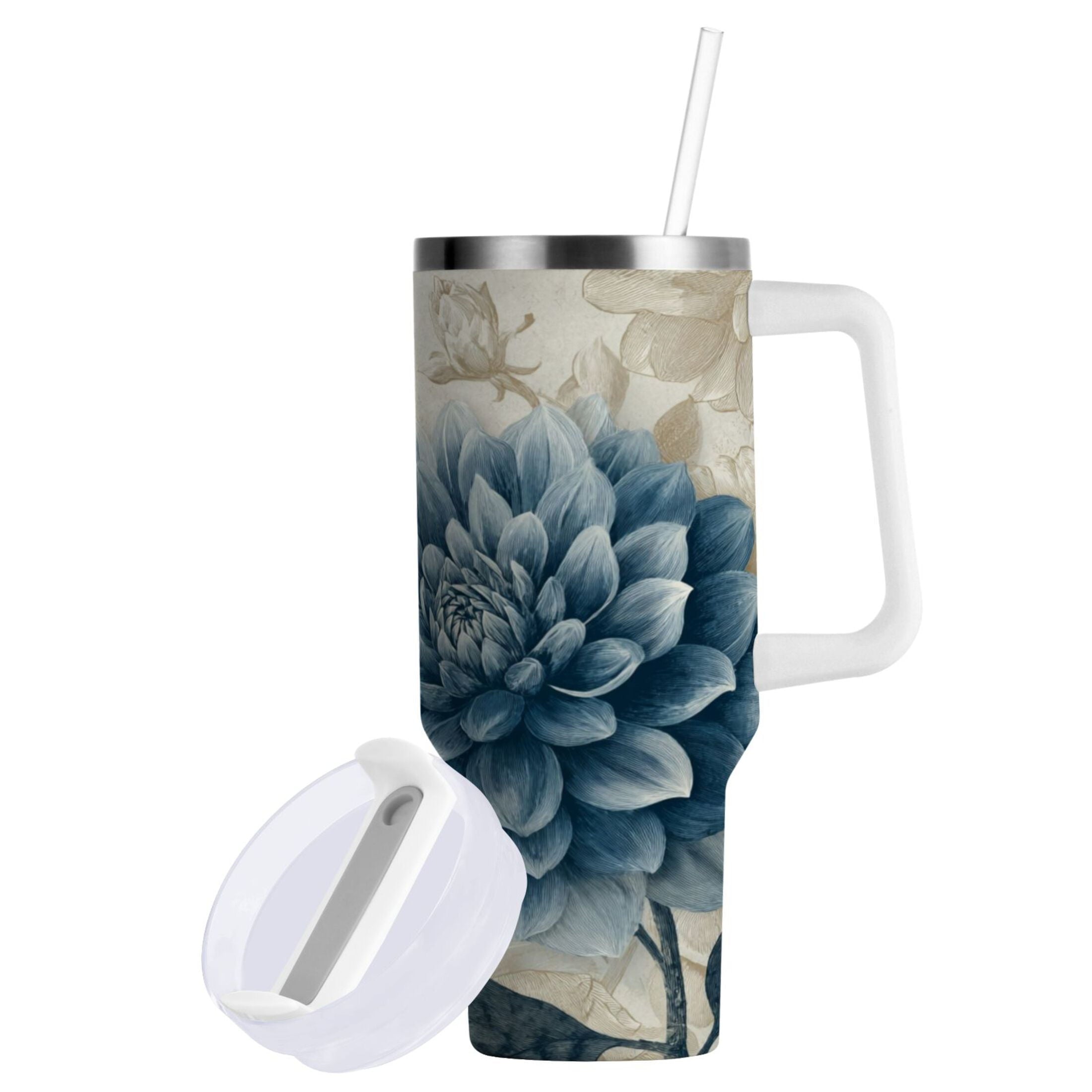 40 oz Insulated Stainless Steel Tumbler Double Wall Stainless Steel Tumbler with 2-Way Drinking Blue Flower with Butterflies C462R