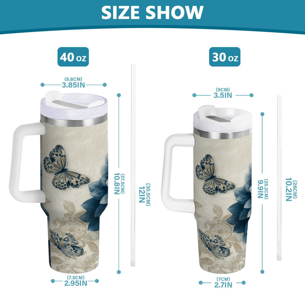 40 oz Insulated Stainless Steel Tumbler Double Wall Stainless Steel Tumbler with 2-Way Drinking Blue Flower with Butterflies C462R