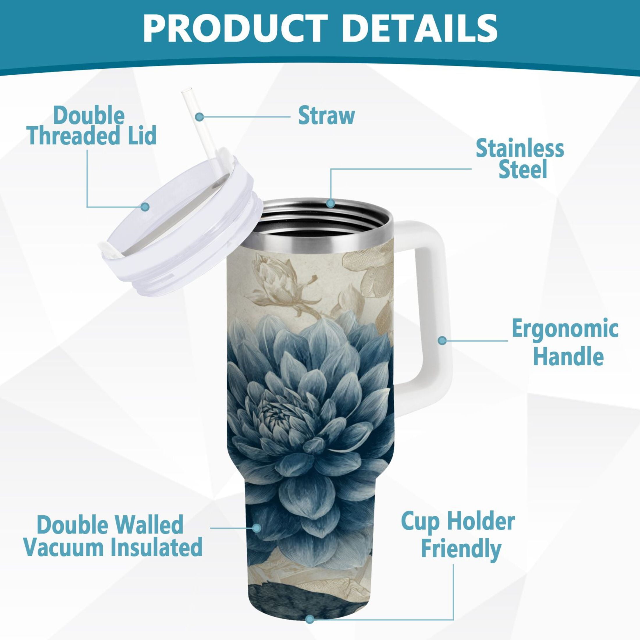 40 oz Insulated Stainless Steel Tumbler Double Wall Stainless Steel Tumbler with 2-Way Drinking Blue Flower with Butterflies C462R