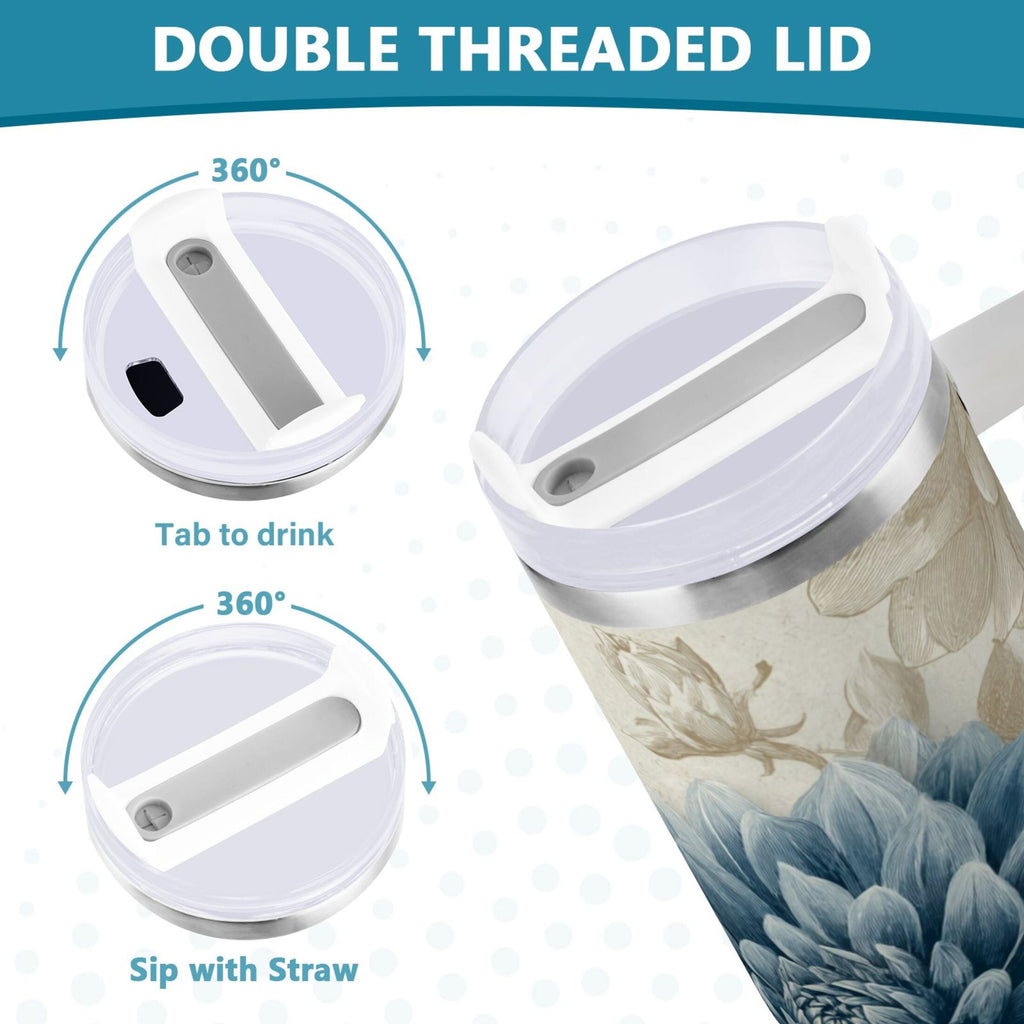 40 oz Insulated Stainless Steel Tumbler Double Wall Stainless Steel Tumbler with 2-Way Drinking Blue Flower with Butterflies C462R
