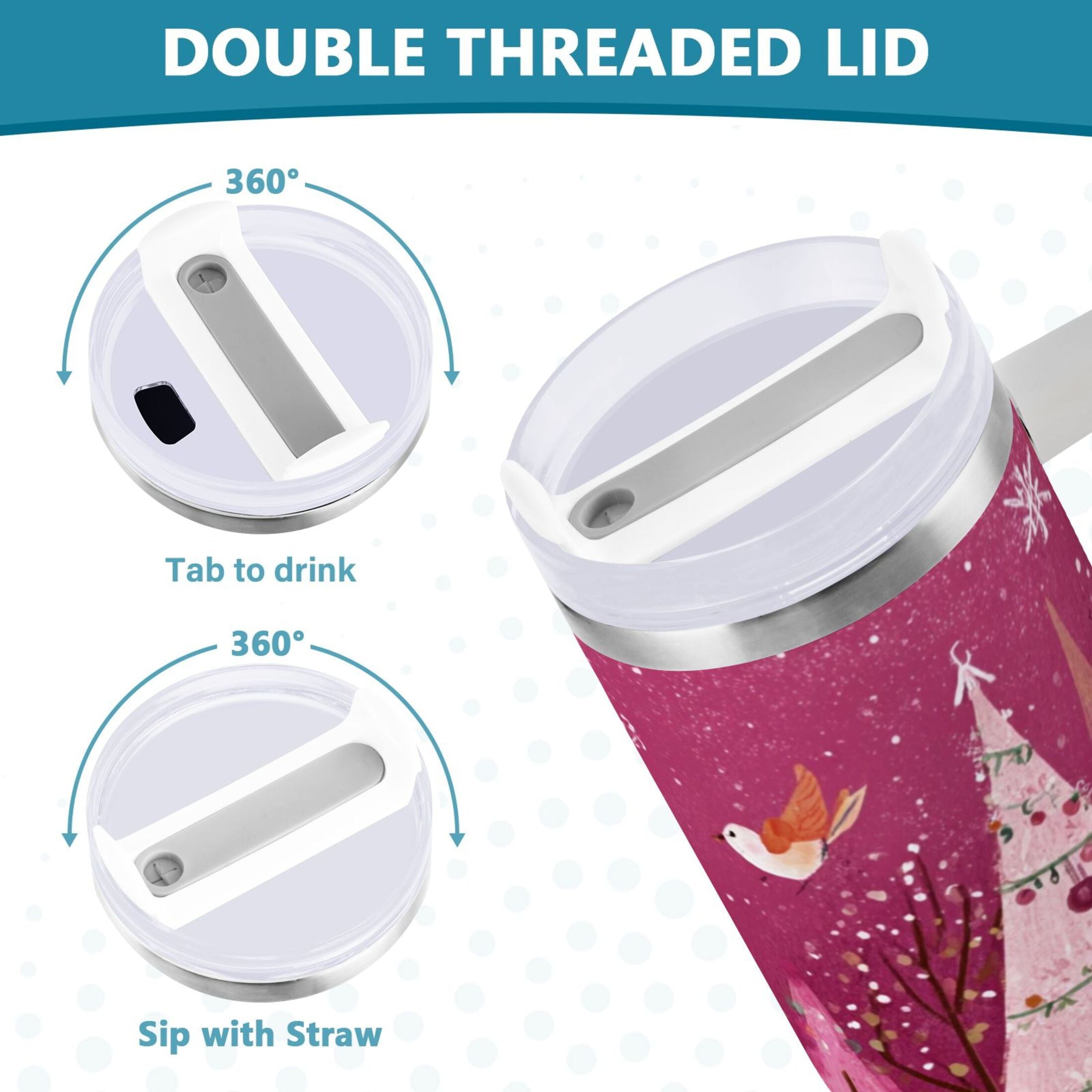 40 oz Insulated Stainless Steel Tumbler Double Wall Stainless Steel Tumbler with 2-Way Drinking Pink Christmas Forest C512S