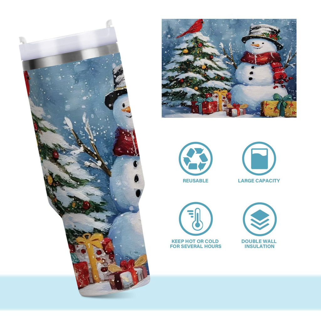 30 oz Insulated Stainless Steel Tumbler Double Wall Stainless Steel Tumbler with 2-Way Drinking Christmas Scene with Snowman C642A