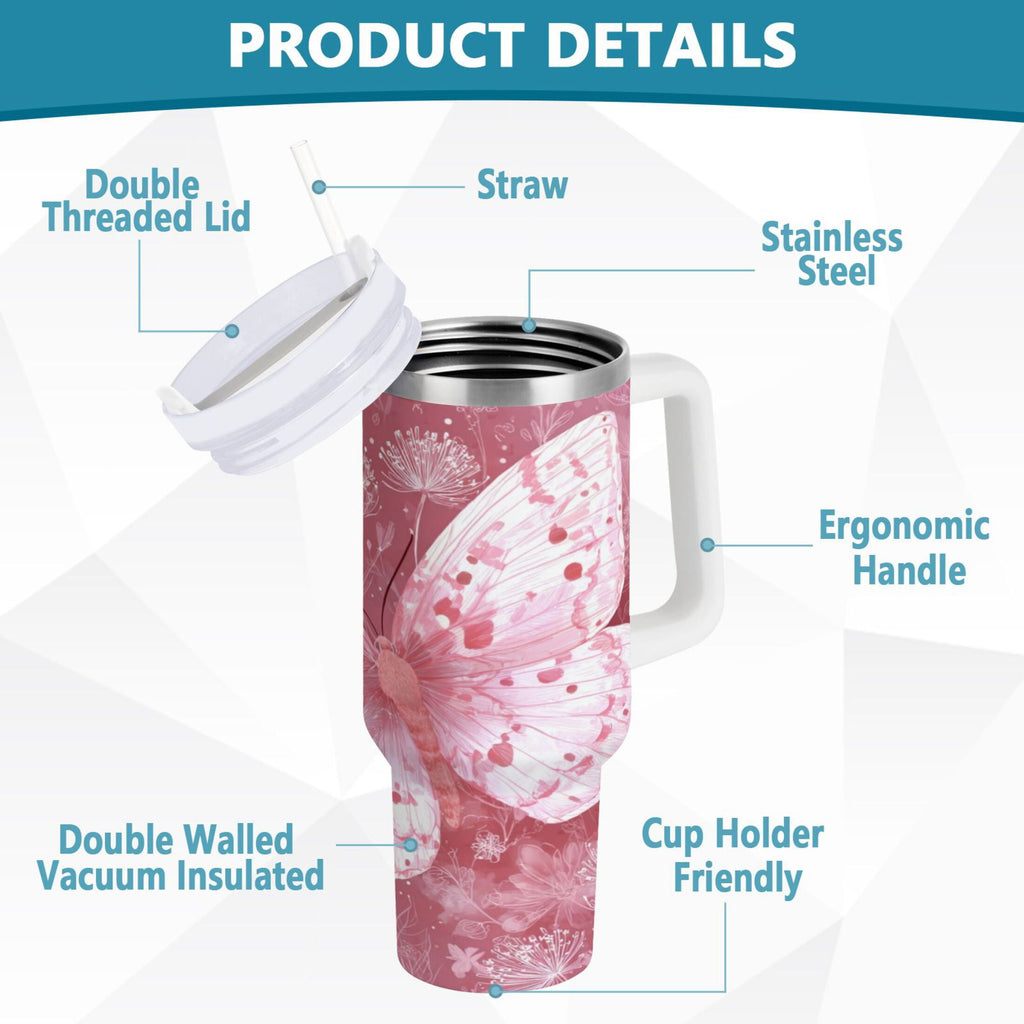 30 oz Insulated Stainless Steel Tumbler Double Wall Stainless Steel Tumbler with 2-Way Drinking Soft Pink Butterfly C561B