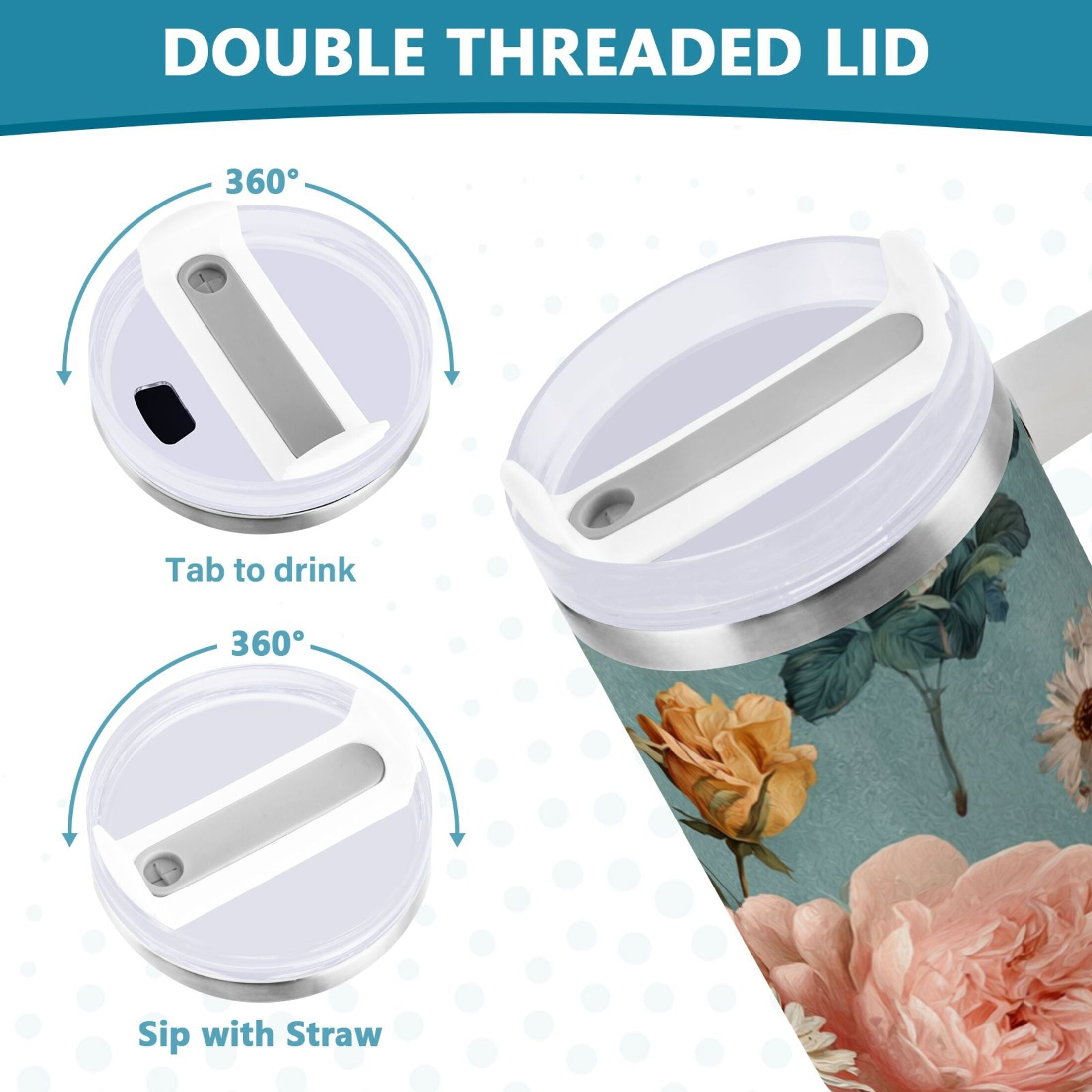 30 oz Insulated Stainless Steel Tumbler Double Wall Stainless Steel Tumbler with 2-Way Drinking Vintage Roses and Peonies C667T