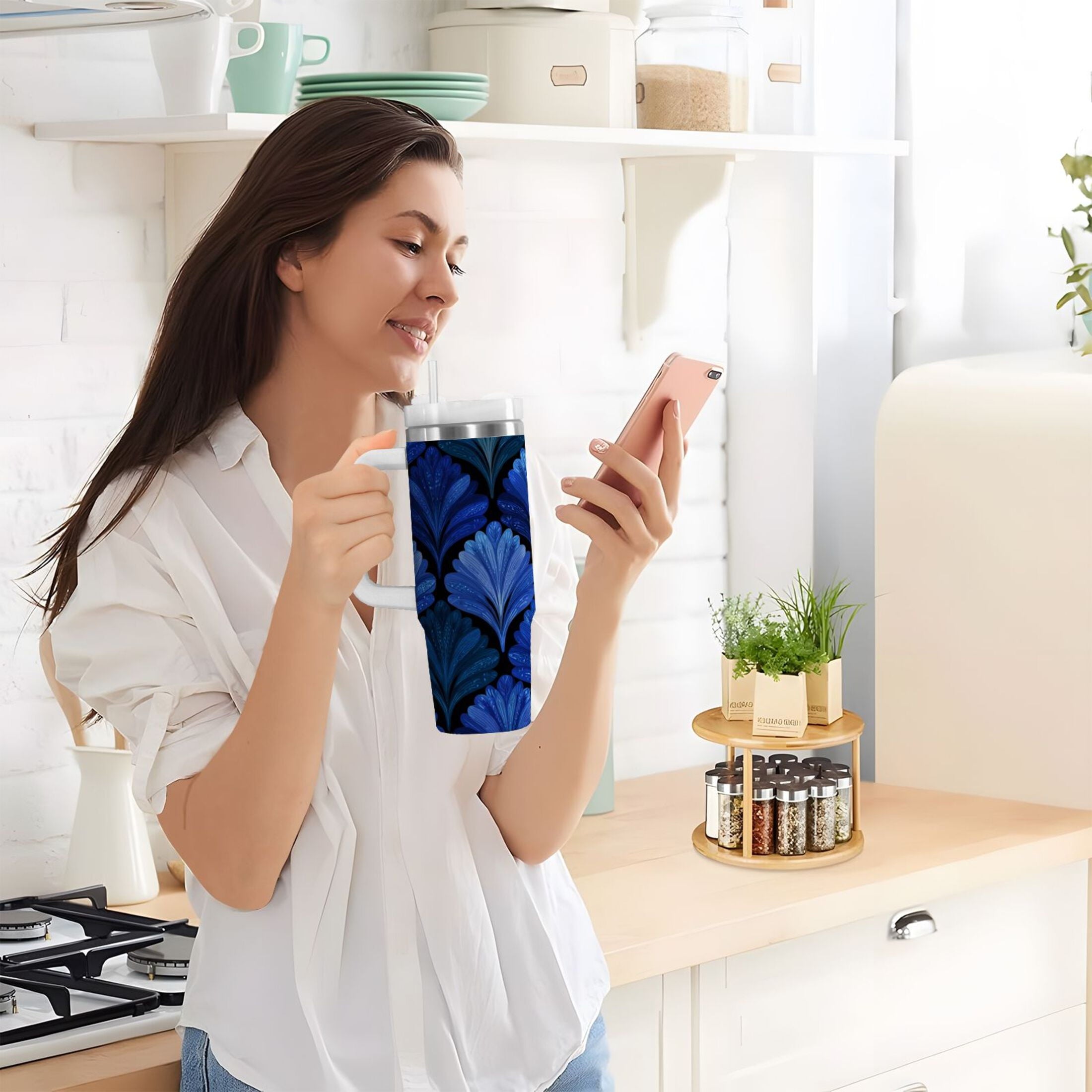 30 oz Insulated Stainless Steel Tumbler Double Wall Stainless Steel Tumbler with 2-Way Drinking Blue Batik Leaves Pattern C525X