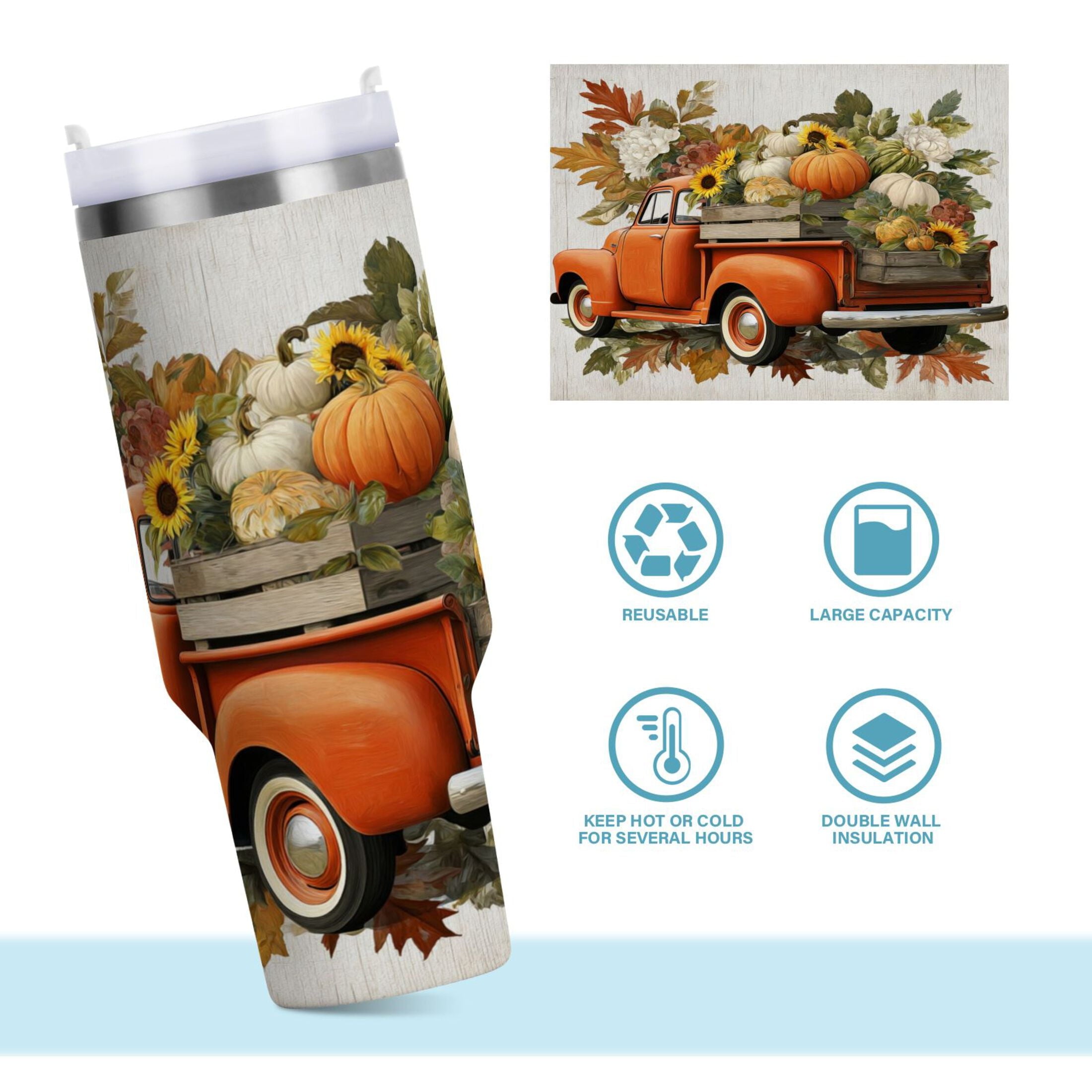 40 oz Insulated Stainless Steel Tumbler Double Wall Stainless Steel Tumbler with 2-Way Drinking Truck Full Of Pumpkins C650K
