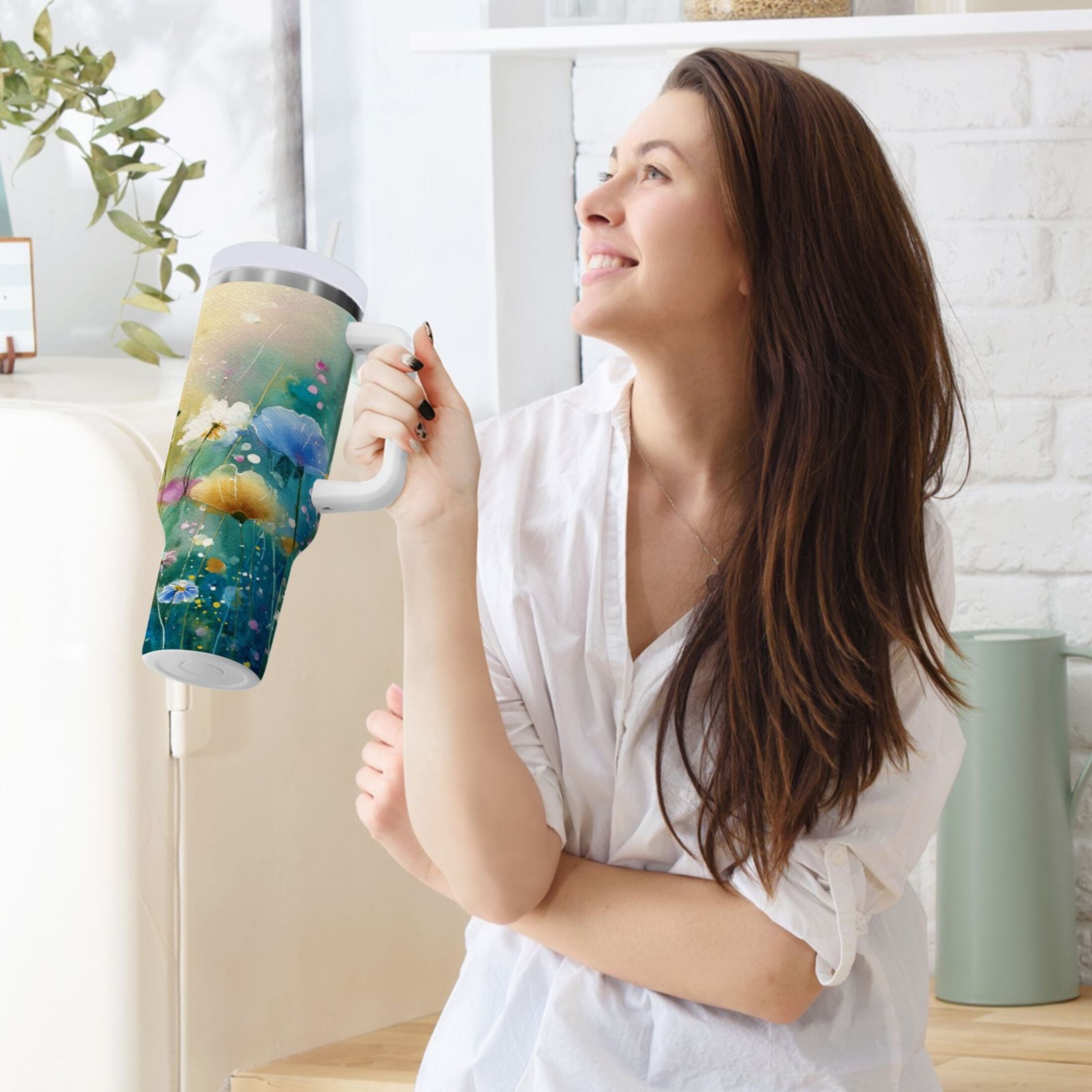 30 oz Insulated Stainless Steel Tumbler Double Wall Stainless Steel Tumbler with 2-Way Drinking Watercolor Wildflowers C563X