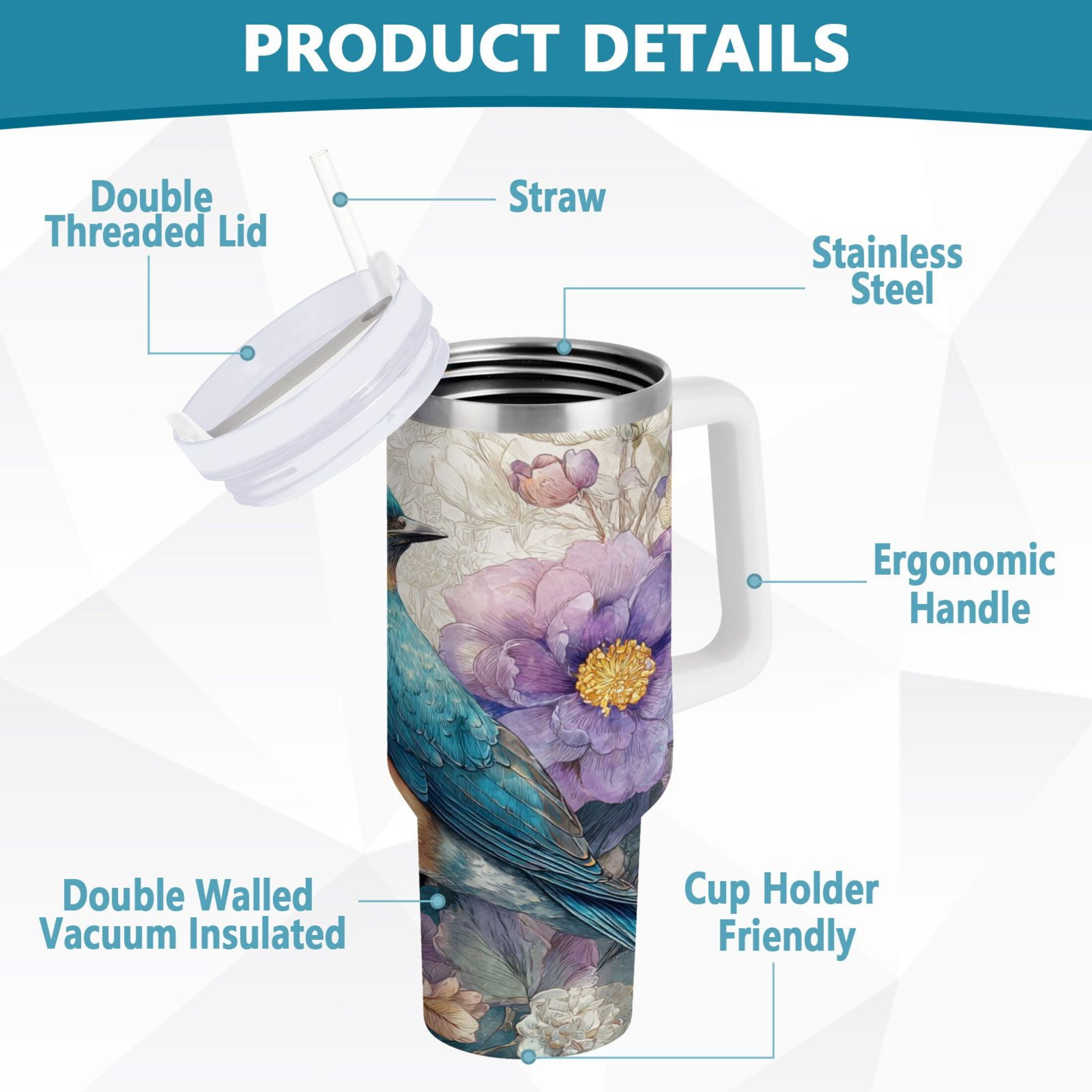 30 oz Insulated Stainless Steel Tumbler Double Wall Stainless Steel Tumbler with 2-Way Drinking Bluebird and Flower C538D