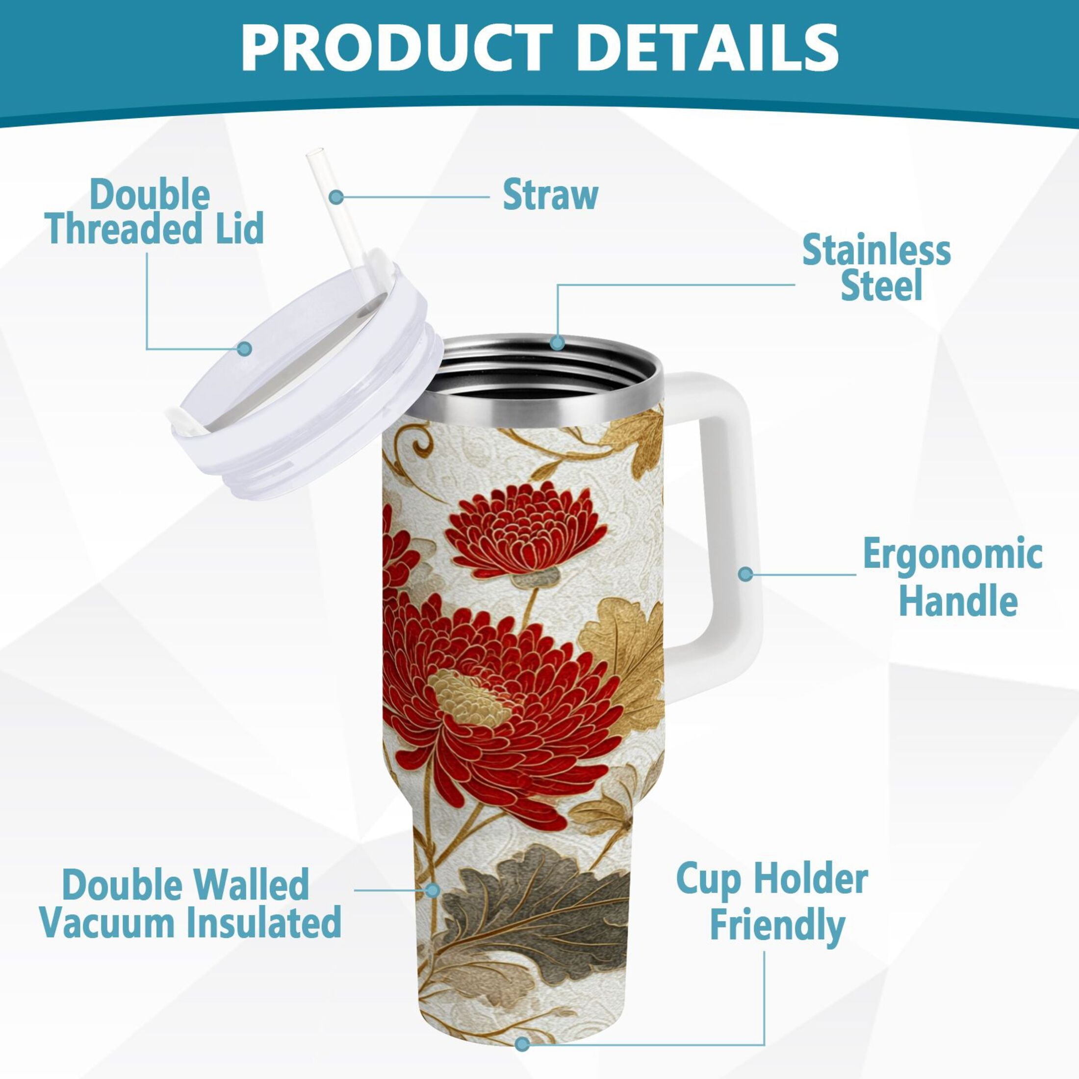 30 oz Insulated Stainless Steel Tumbler Double Wall Stainless Steel Tumbler with 2-Way Drinking Red Chrysanthemum Pattern C676E