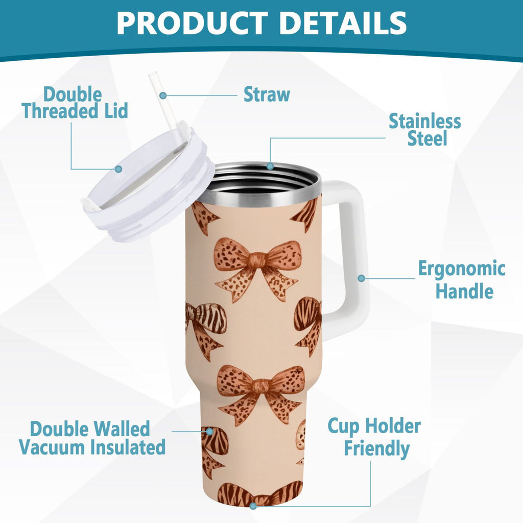 40 oz Insulated Stainless Steel Tumbler Double Wall Stainless Steel Tumbler with 2-Way Drinking Leopard Print Bow C550P