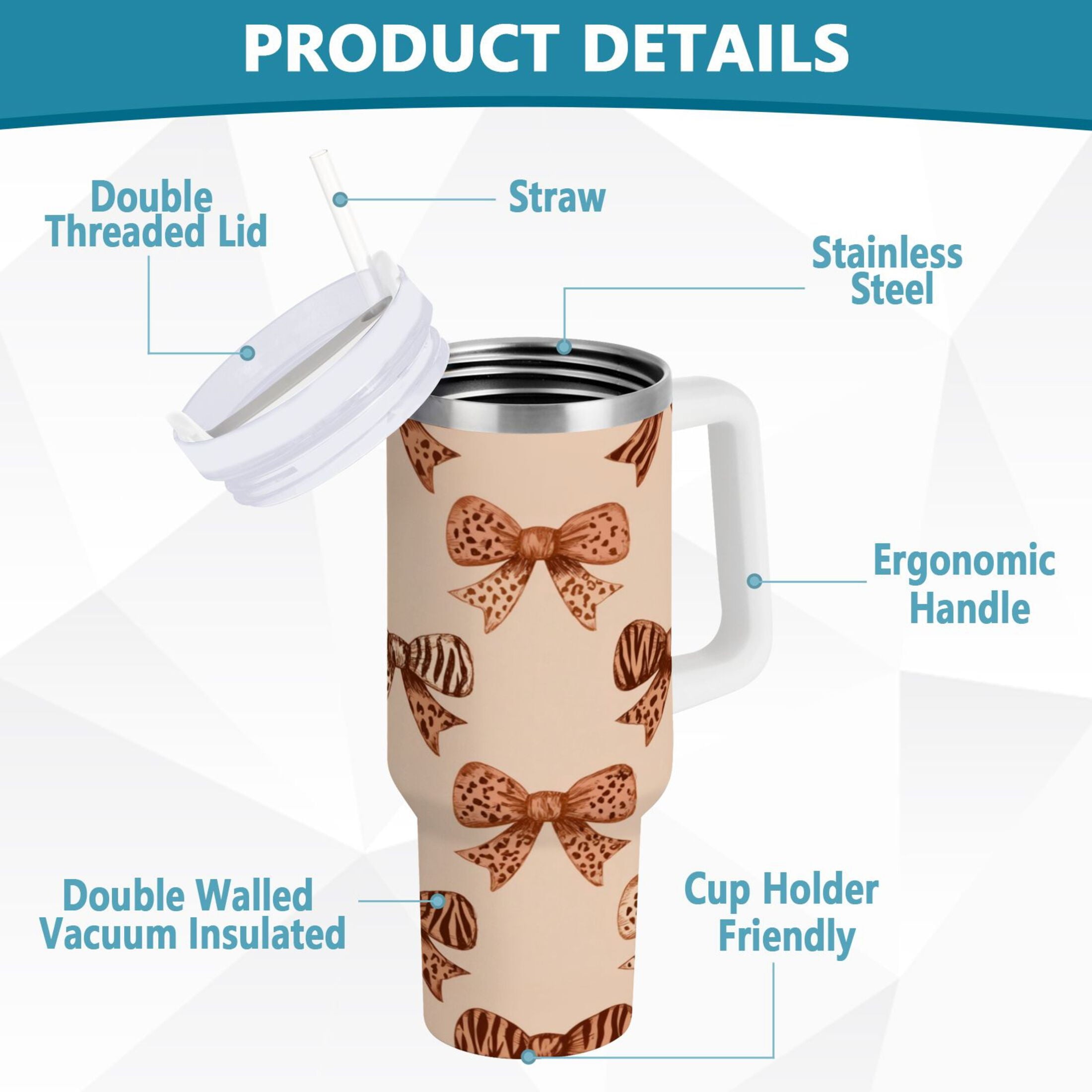 40 oz Insulated Stainless Steel Tumbler Double Wall Stainless Steel Tumbler with 2-Way Drinking Leopard Print Bow C550P