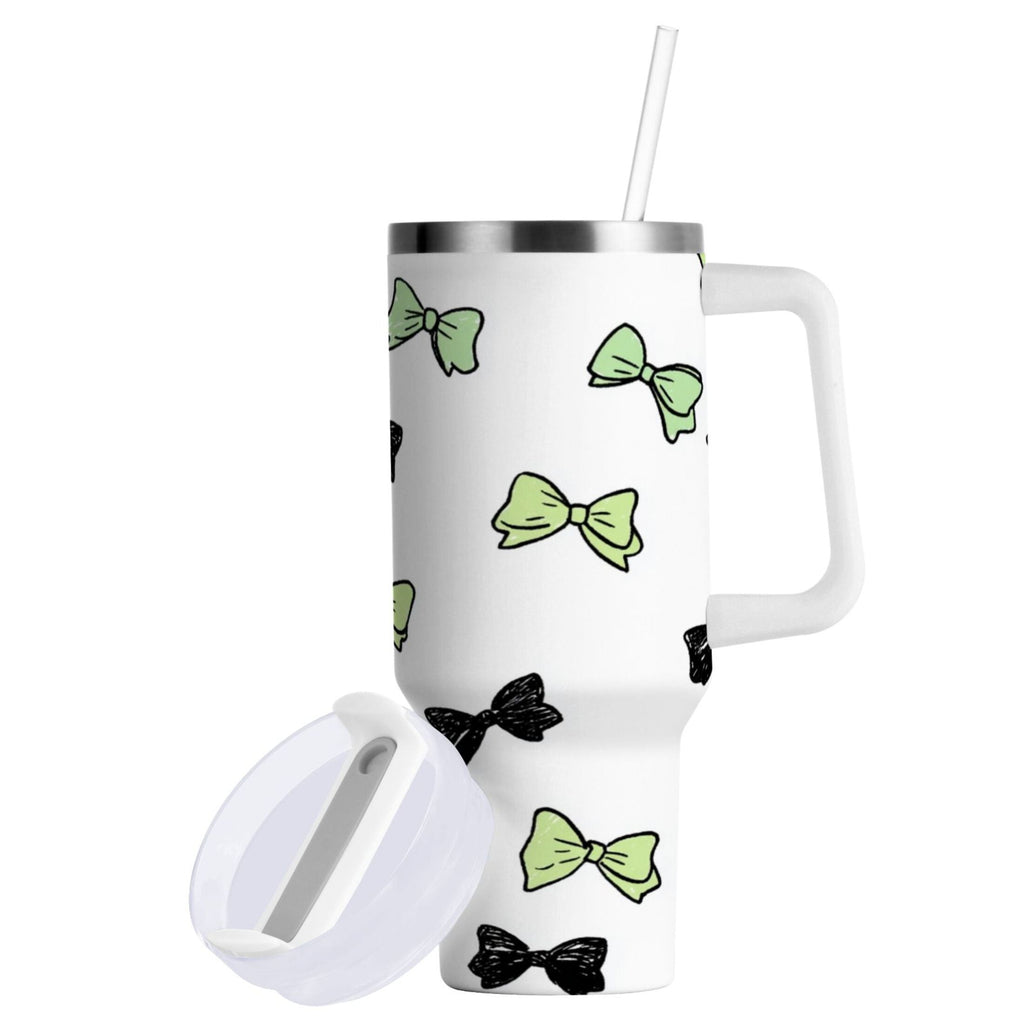 40 oz Insulated Stainless Steel Tumbler Double Wall Stainless Steel Tumbler with 2-Way Drinking Green and Black Bows C553B