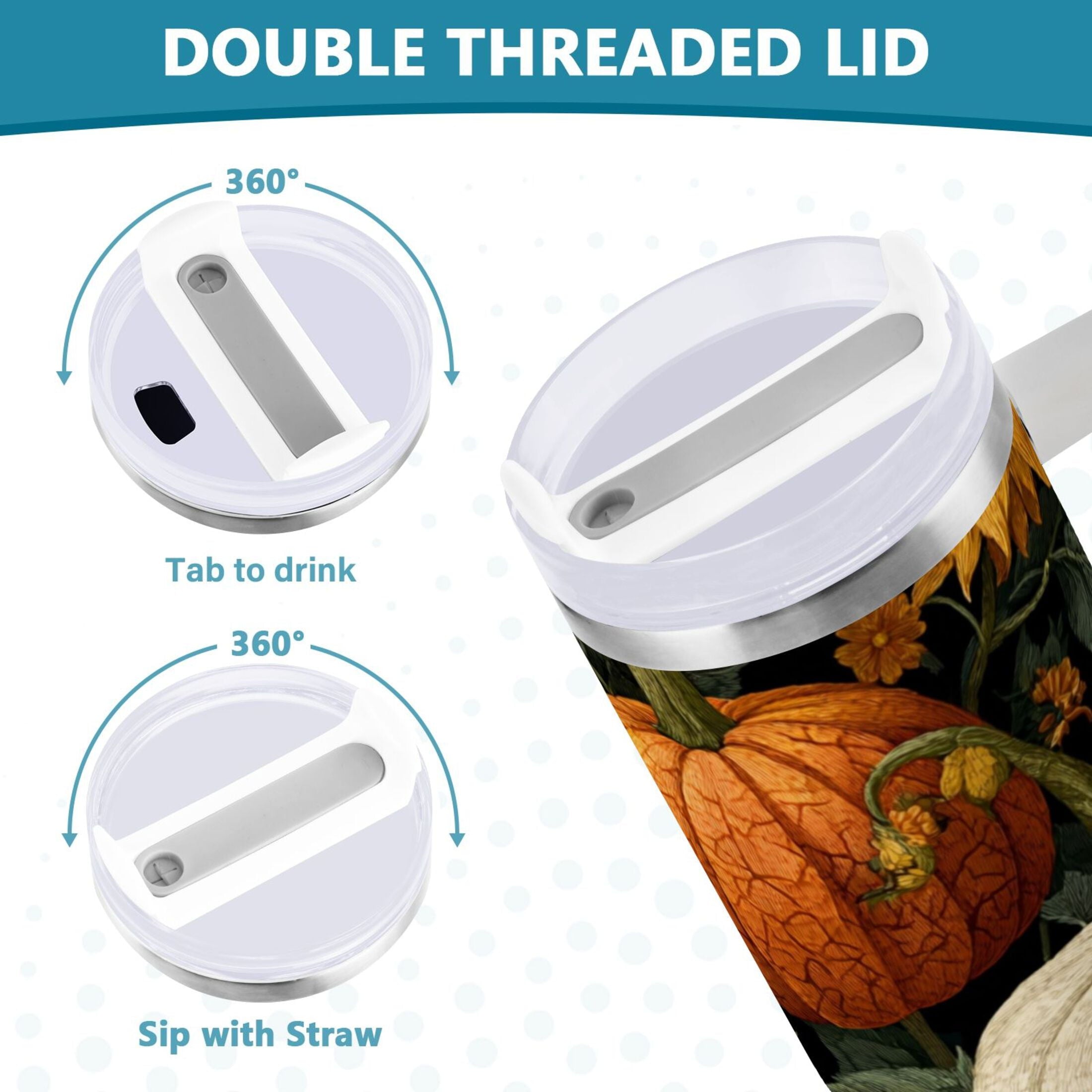 40 oz Insulated Stainless Steel Tumbler Double Wall Stainless Steel Tumbler with 2-Way Drinking Pumpkins and Sunflowers Pattern C560L
