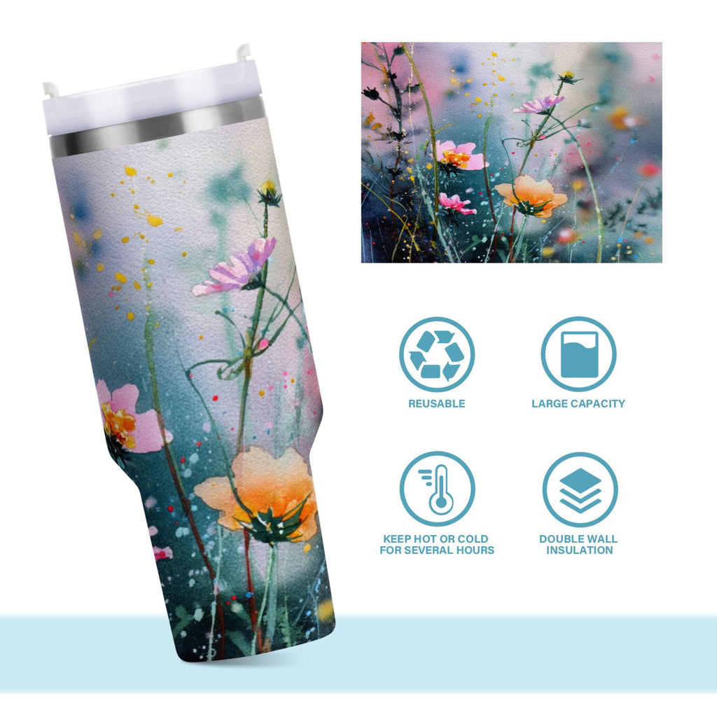 40 oz Insulated Stainless Steel Tumbler Double Wall Stainless Steel Tumbler with 2-Way Drinking Abstract Wildflowers C504W
