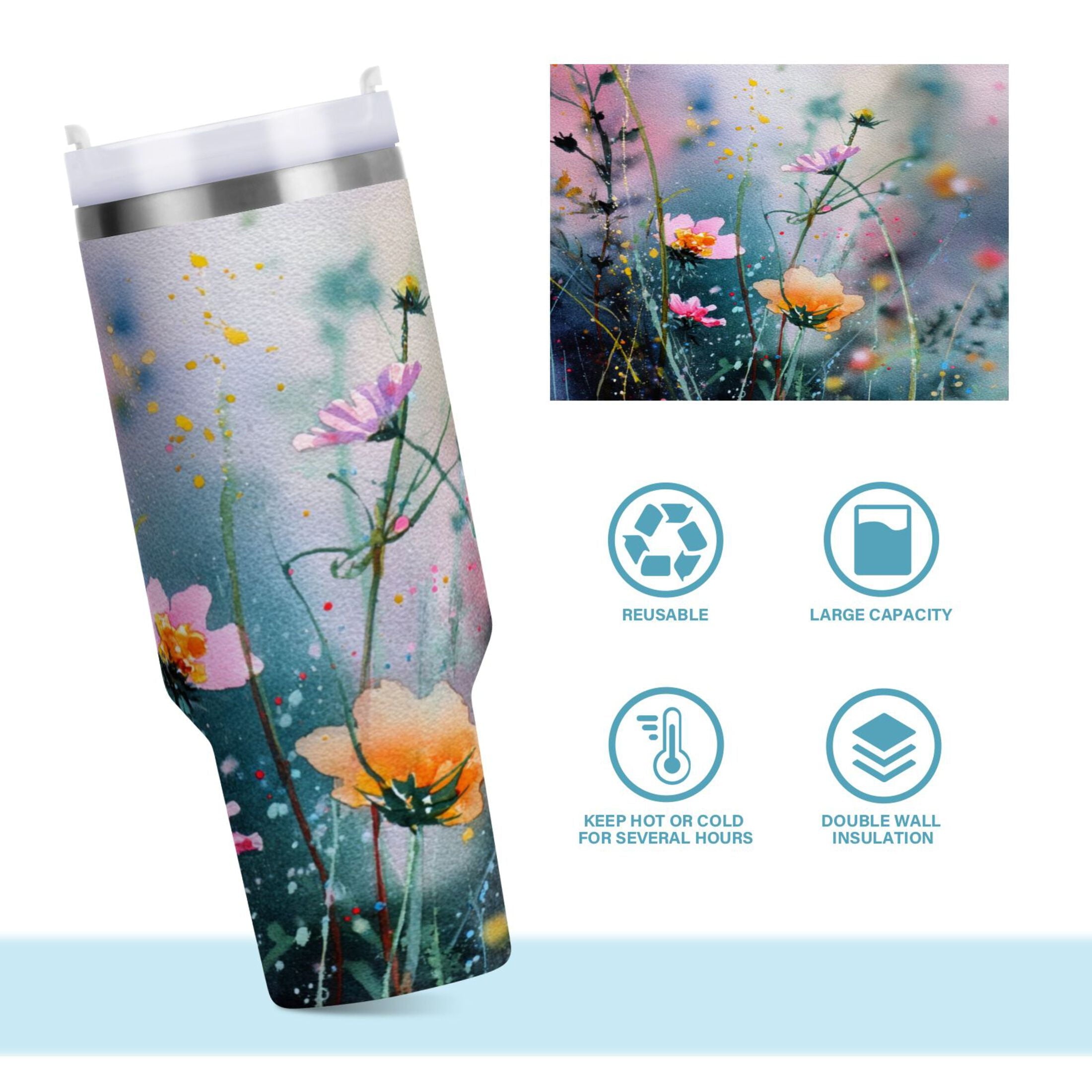 40 oz Insulated Stainless Steel Tumbler Double Wall Stainless Steel Tumbler with 2-Way Drinking Abstract Wildflowers C504W