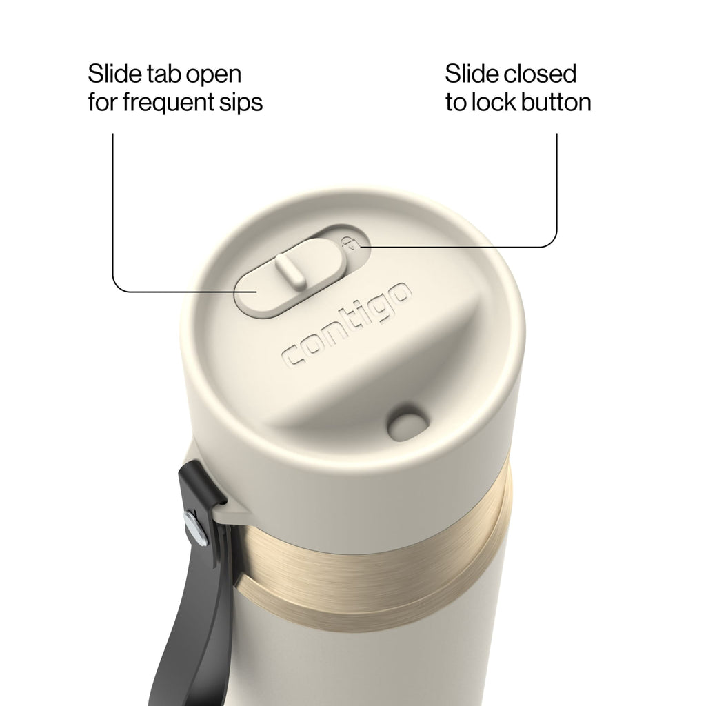 Contigo AutoSeal Leakproof Stainless Steel Reusable Water Bottle Tumbler with Carrying Strap, Cream/Champagne, 24 oz C019L