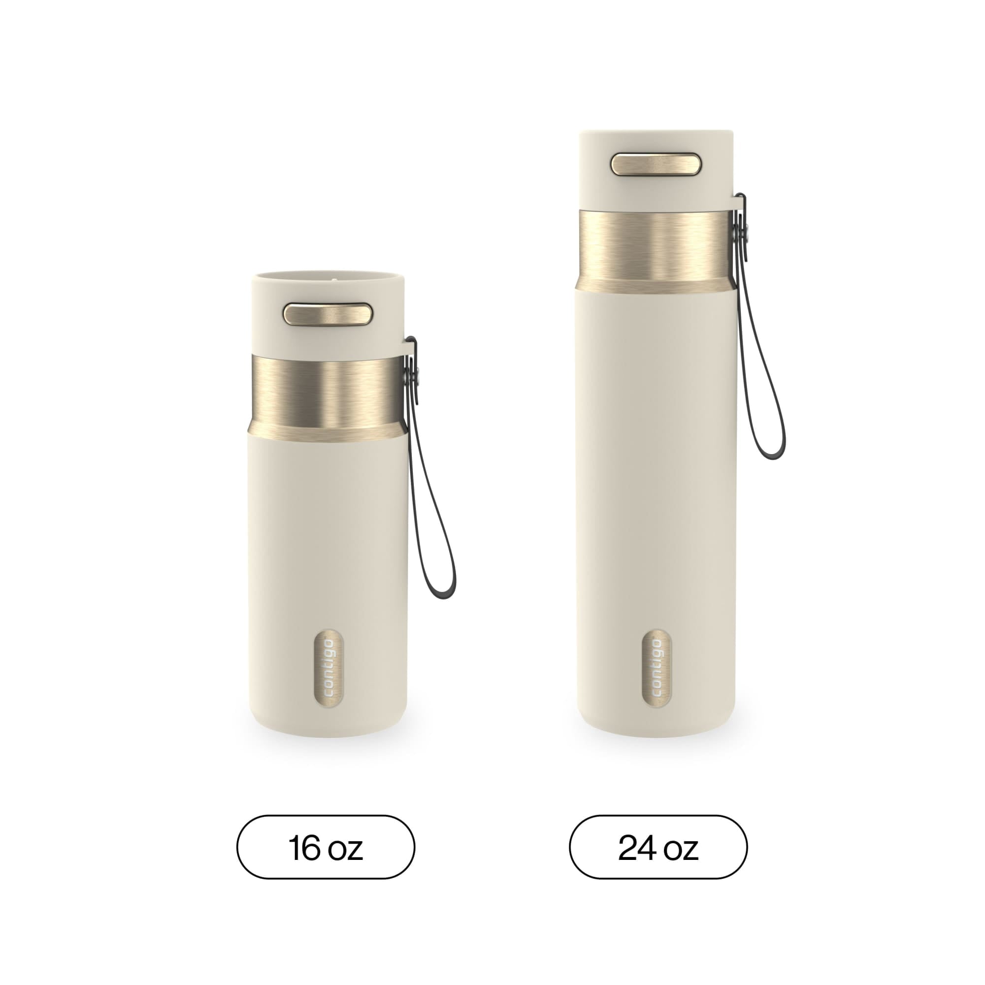 Contigo AutoSeal Leakproof Stainless Steel Reusable Water Bottle Tumbler with Carrying Strap, Cream/Champagne, 24 oz C019L