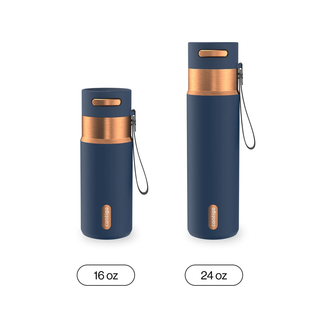 Contigo AutoSeal Leakproof Stainless Steel Reusable Water Bottle Tumbler with Carrying Strap, Cream/Champagne, 24 oz C019L