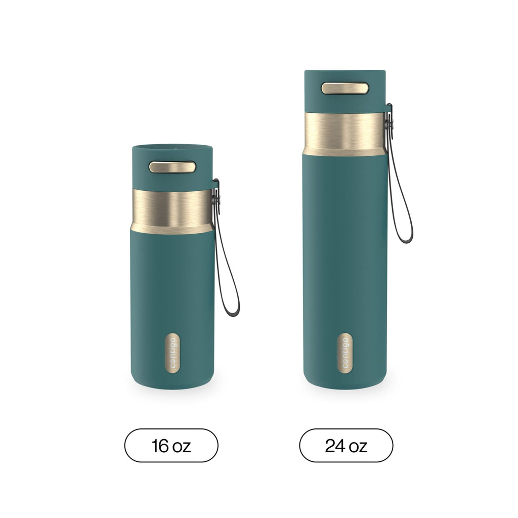 Contigo AutoSeal Leakproof Stainless Steel Reusable Water Bottle Tumbler with Carrying Strap, Cream/Champagne, 24 oz C019L