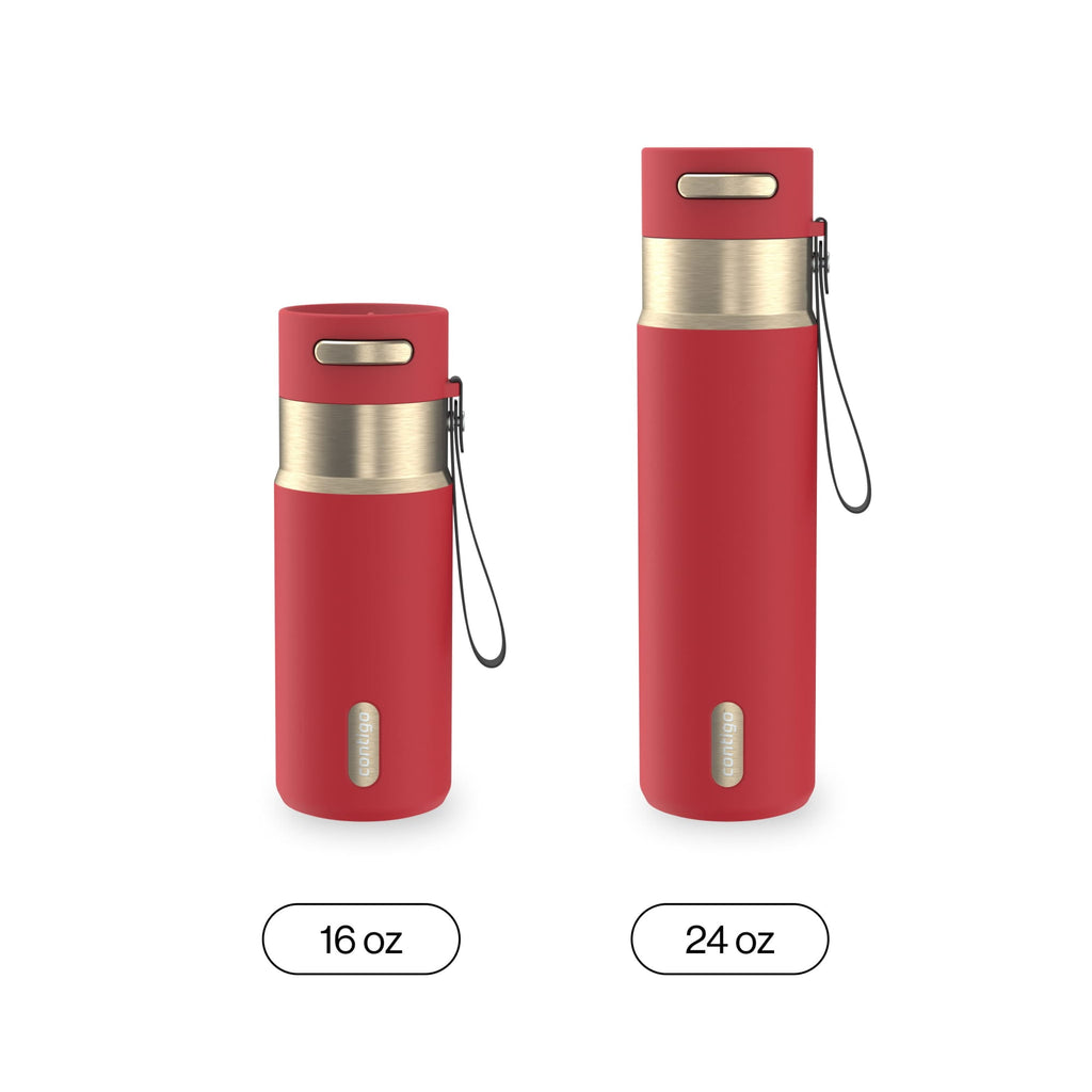 Contigo AutoSeal Leakproof Stainless Steel Reusable Water Bottle Tumbler with Carrying Strap, Cream/Champagne, 24 oz C019L