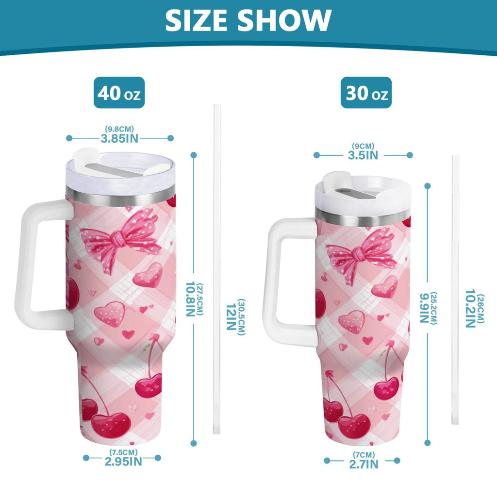 30 oz Insulated Stainless Steel Tumbler Double Wall Stainless Steel Tumbler with 2-Way Drinking Cherry and Pink Bow Pattern C617Z