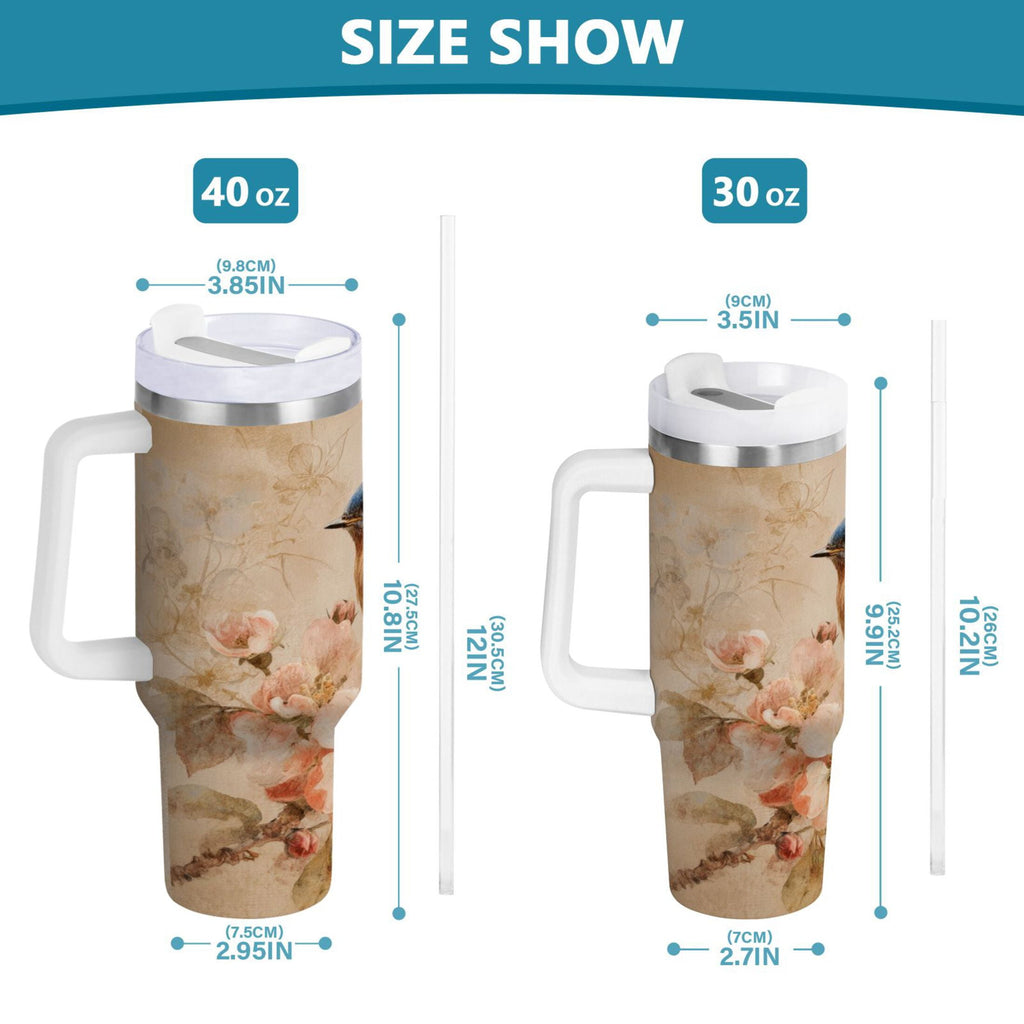 40 oz Insulated Stainless Steel Tumbler Double Wall Stainless Steel Tumbler with 2-Way Drinking Bluebird and Ancient Flowers C574Q