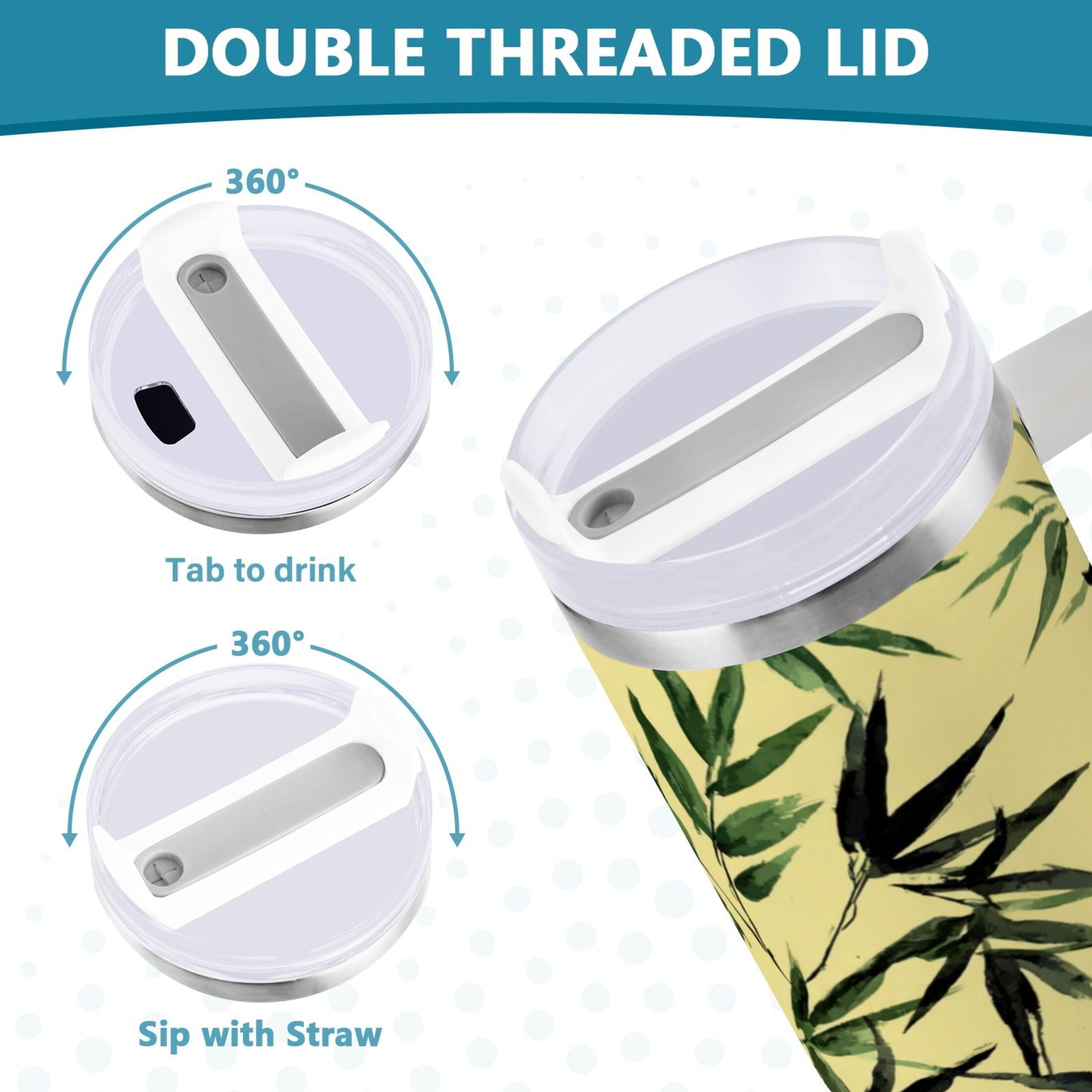 30 oz Insulated Stainless Steel Tumbler Double Wall Stainless Steel Tumbler with 2-Way Drinking Bamboo and Green Leaves C633T