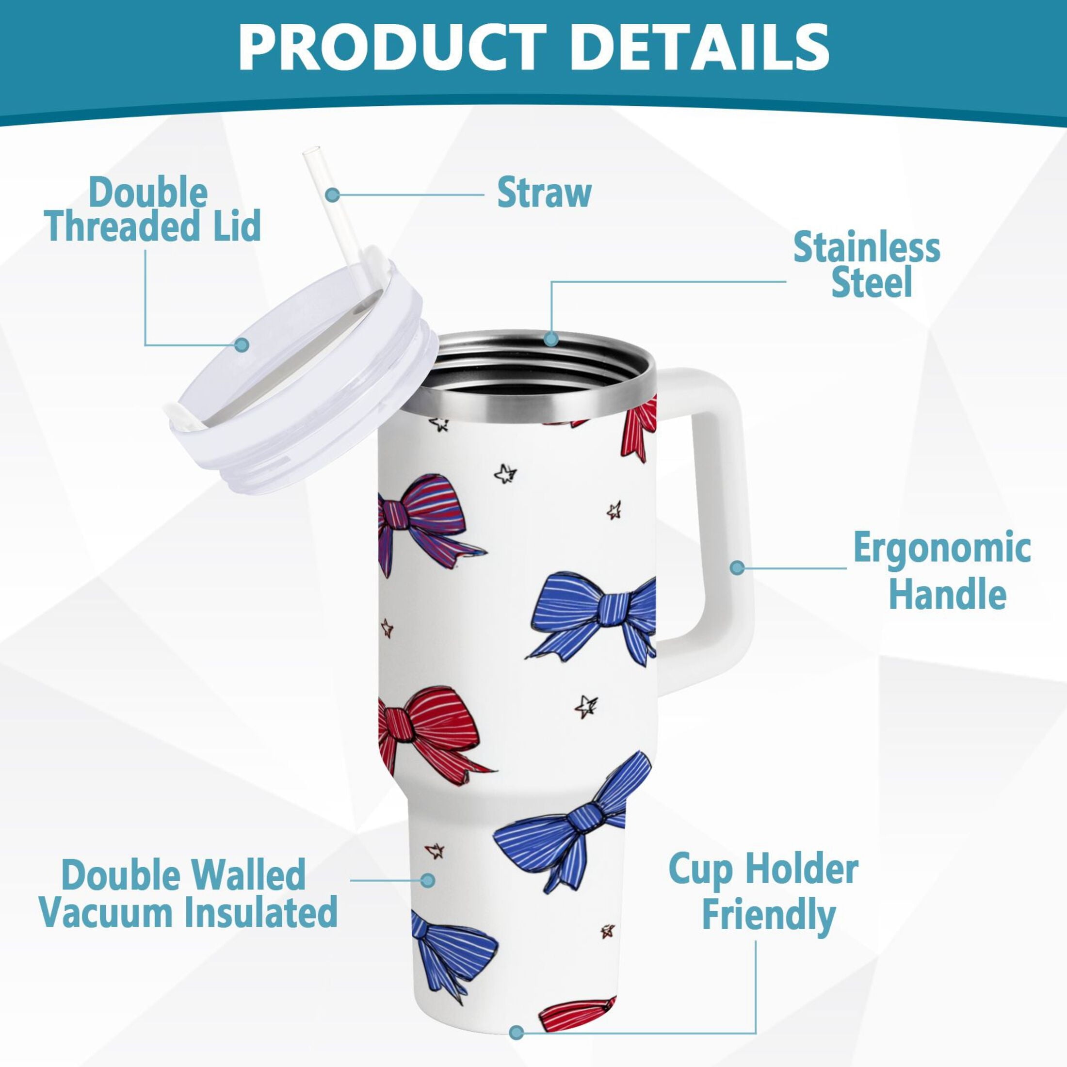 30 oz Insulated Stainless Steel Tumbler Double Wall Stainless Steel Tumbler with 2-Way Drinking Red and Blue Stripe Bows C656P