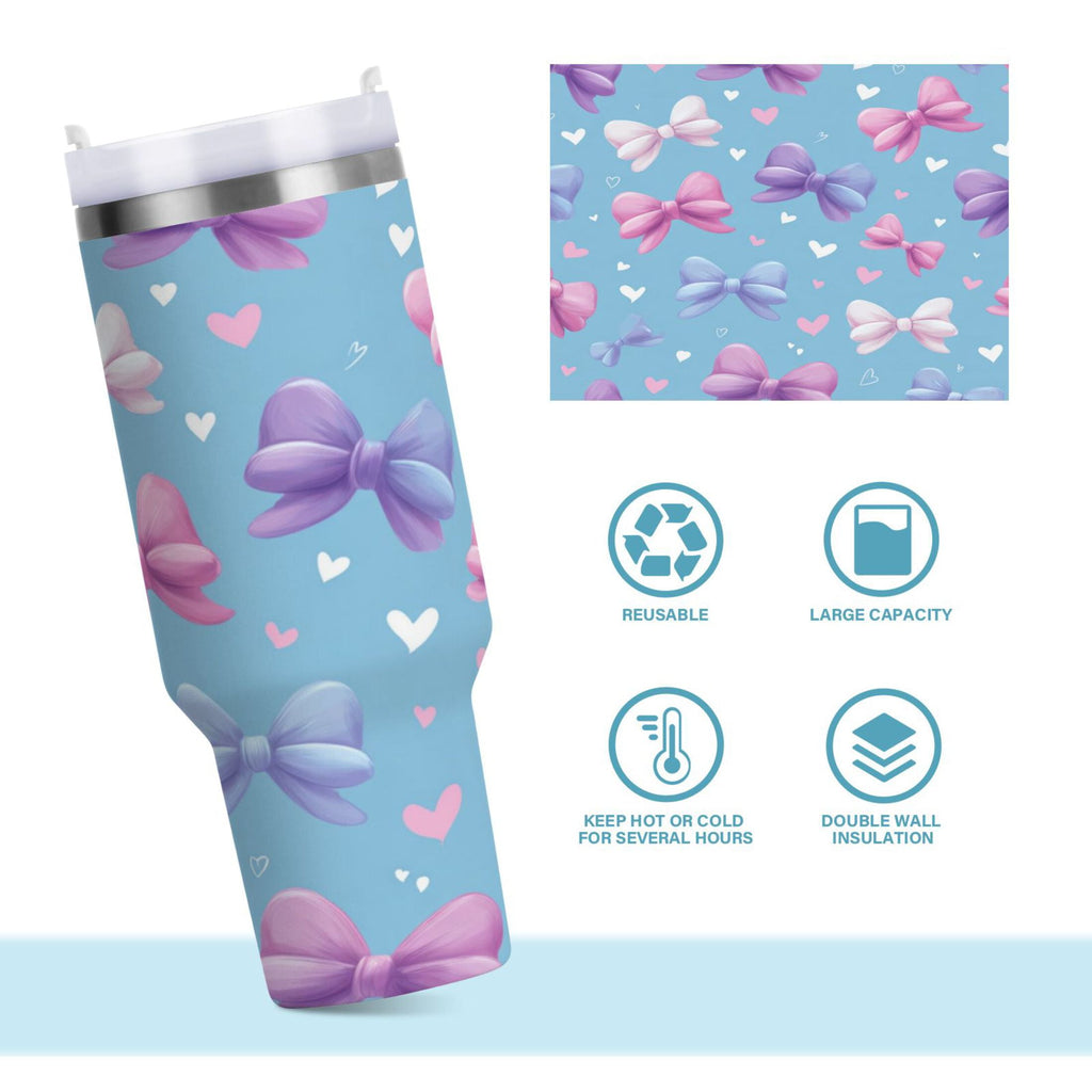 30 oz Insulated Stainless Steel Tumbler Double Wall Stainless Steel Tumbler with 2-Way Drinking Pink and Purple Bows C526N