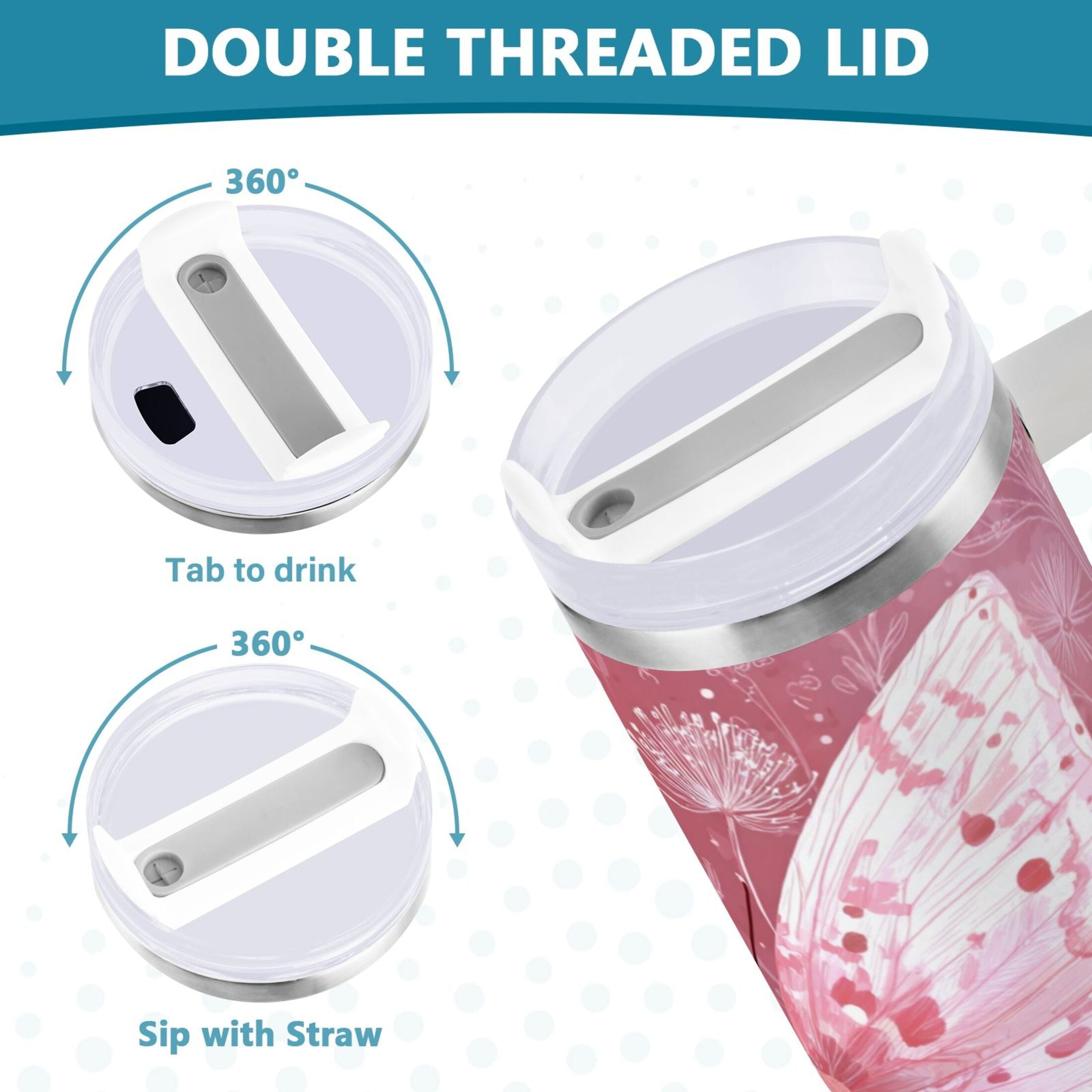 30 oz Insulated Stainless Steel Tumbler Double Wall Stainless Steel Tumbler with 2-Way Drinking Soft Pink Butterfly C561B