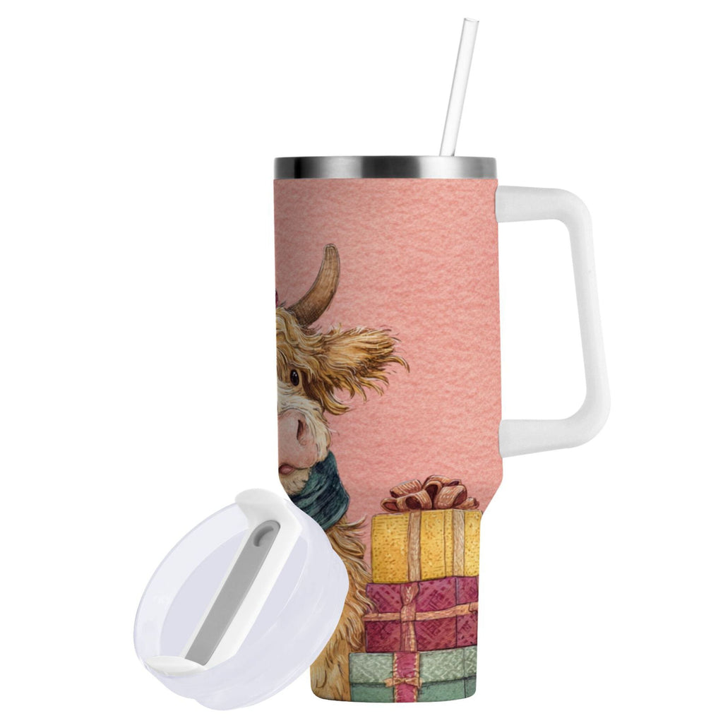 30 oz Insulated Stainless Steel Tumbler Double Wall Stainless Steel Tumbler with 2-Way Drinking Cow Wearing Scarf and Hat C663H