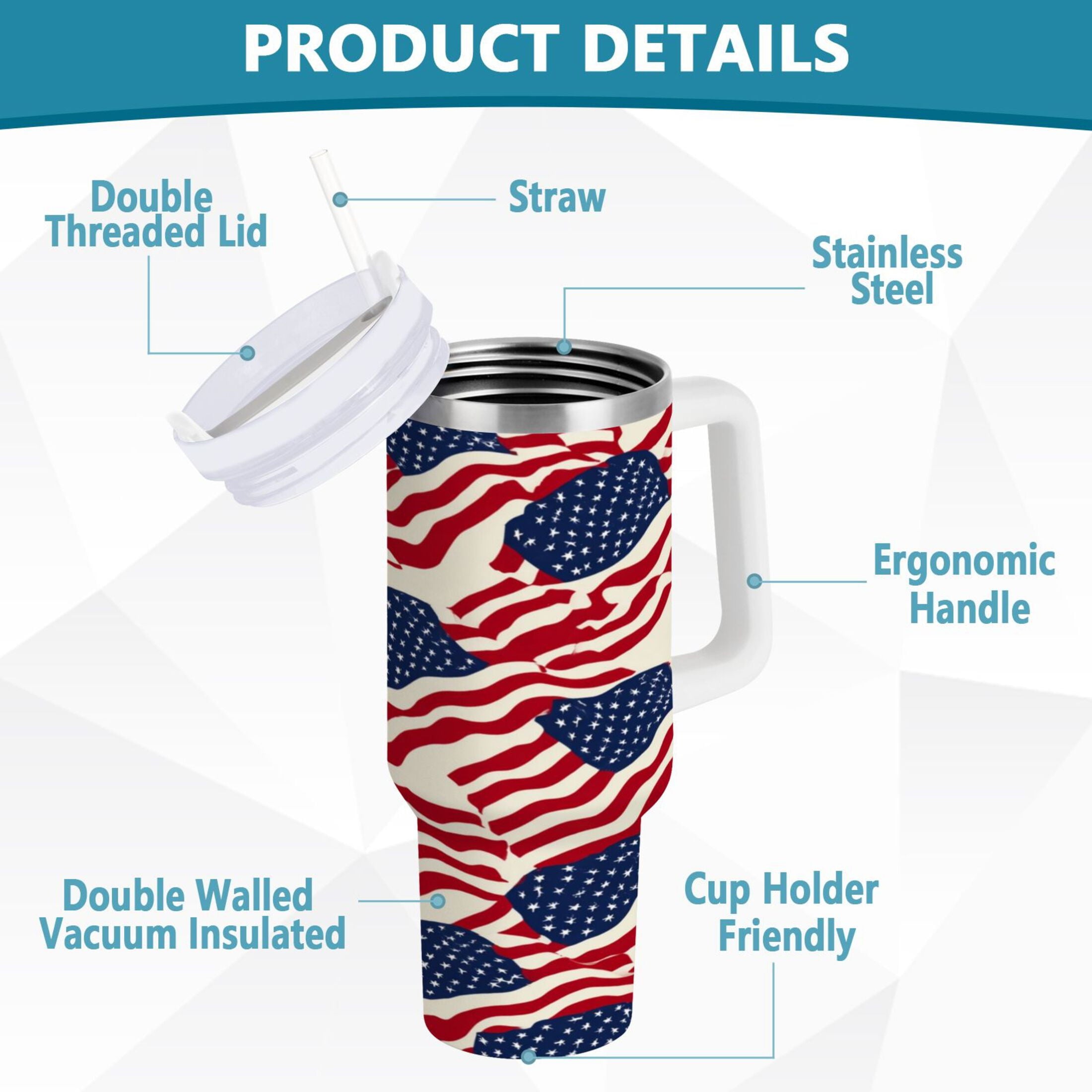 40 oz Insulated Stainless Steel Tumbler Double Wall Stainless Steel Tumbler with 2-Way Drinking Flags Abstract Design C607W
