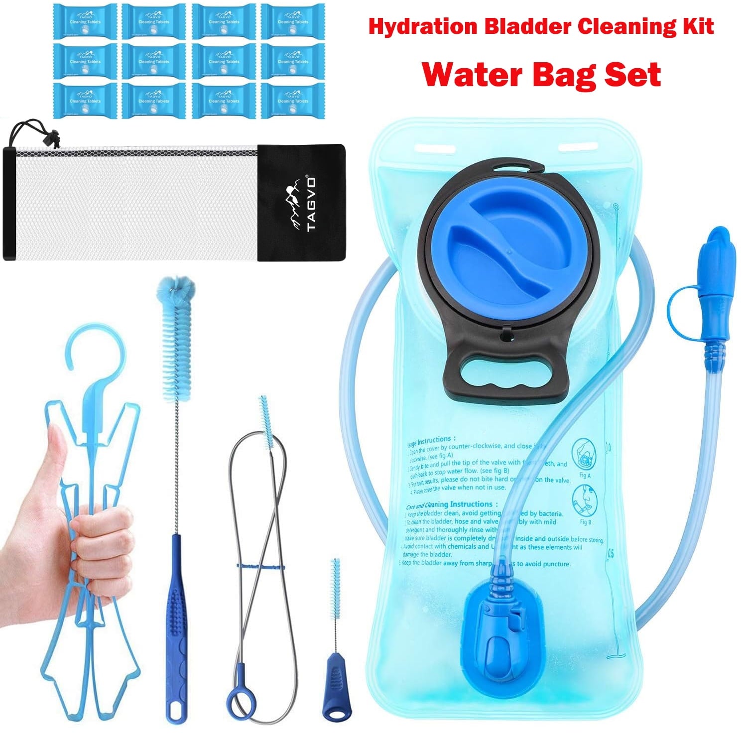 TAGVO Hydration Bladder 2 Liter BPA Free 70oz + Cleaning Brushes Kit, Leakproof Water Bladder Travel Reservoir Hydration Bag, Easy Cleaning by 3 Brushes and Air Drying by Collapsible Frame C383M