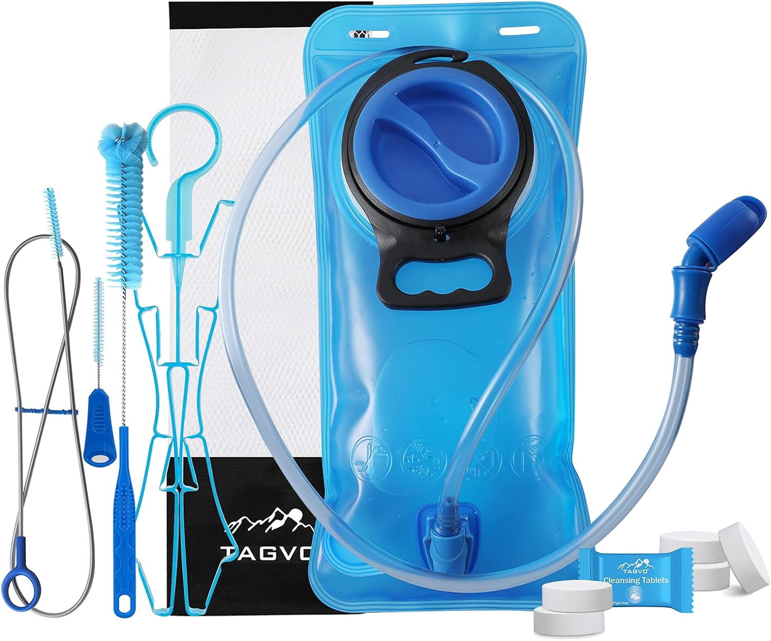 TAGVO Hydration Bladder 2 Liter BPA Free 70oz + Cleaning Brushes Kit, Leakproof Water Bladder Travel Reservoir Hydration Bag, Easy Cleaning by 3 Brushes and Air Drying by Collapsible Frame C383M