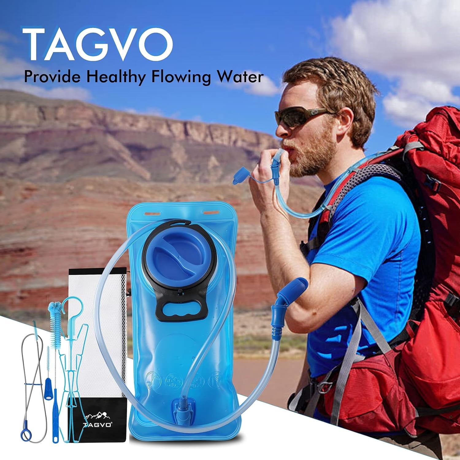 TAGVO Hydration Bladder 2 Liter BPA Free 70oz + Cleaning Brushes Kit, Leakproof Water Bladder Travel Reservoir Hydration Bag, Easy Cleaning by 3 Brushes and Air Drying by Collapsible Frame C383M