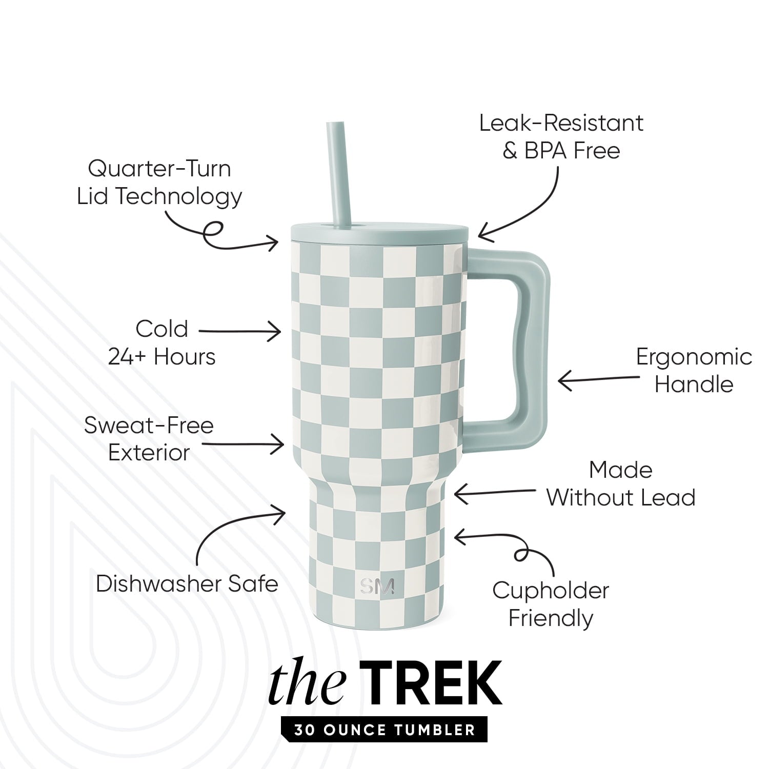 Simple Modern 30 fl oz Insulated Stainless Steel Trek Tumbler with Straw Lid | Seaglass Sage and Cream Checkmate C690P
