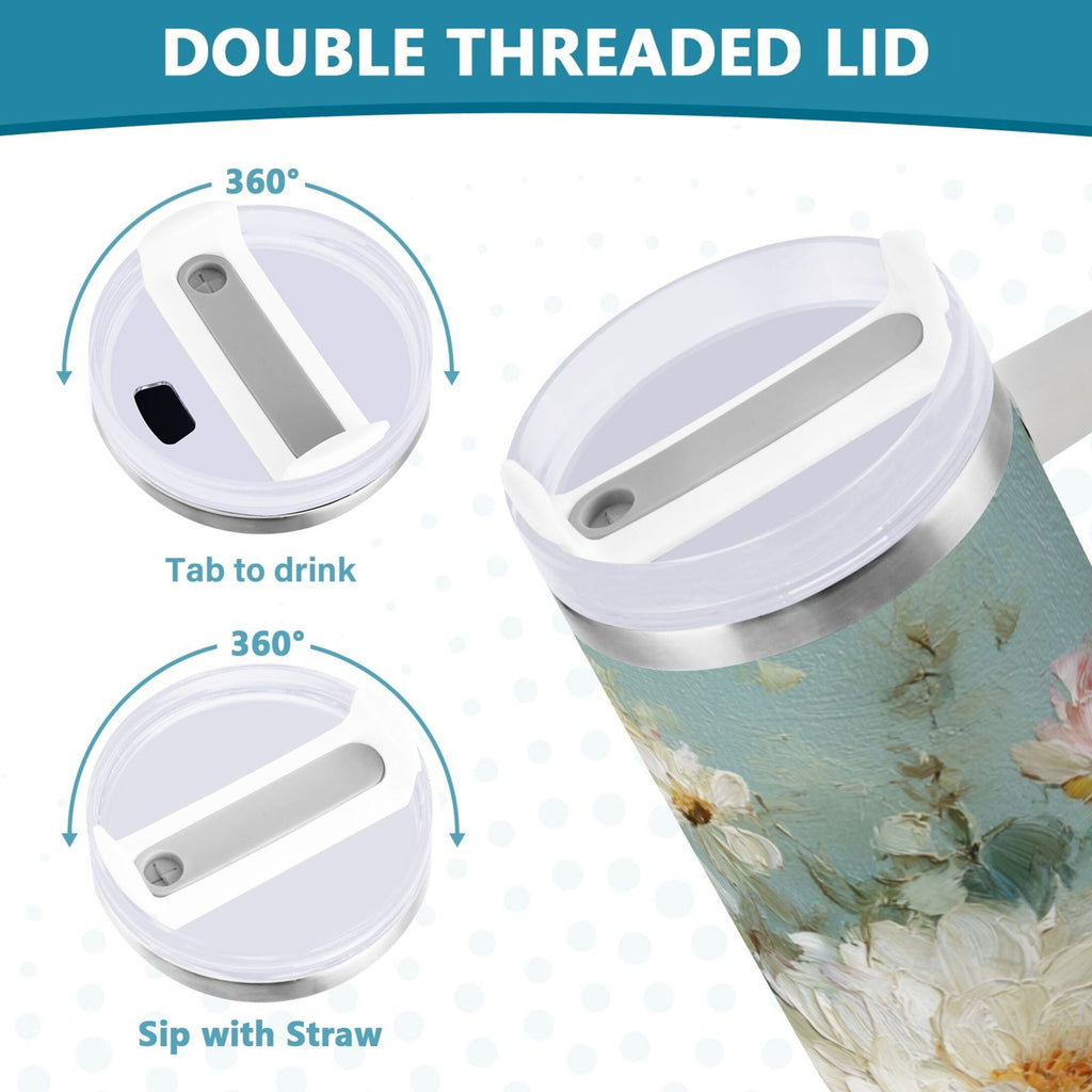 40 oz Insulated Stainless Steel Tumbler Double Wall Stainless Steel Tumbler with 2-Way Drinking Vintage Peonies and Daisies C677F