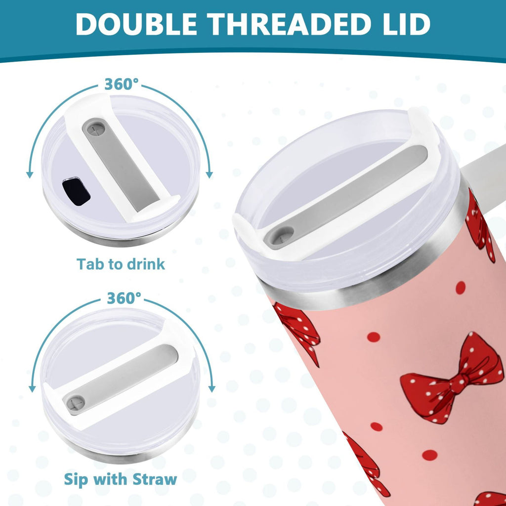 40 oz Insulated Stainless Steel Tumbler Double Wall Stainless Steel Tumbler with 2-Way Drinking Red Bows and Polka Dots C531W