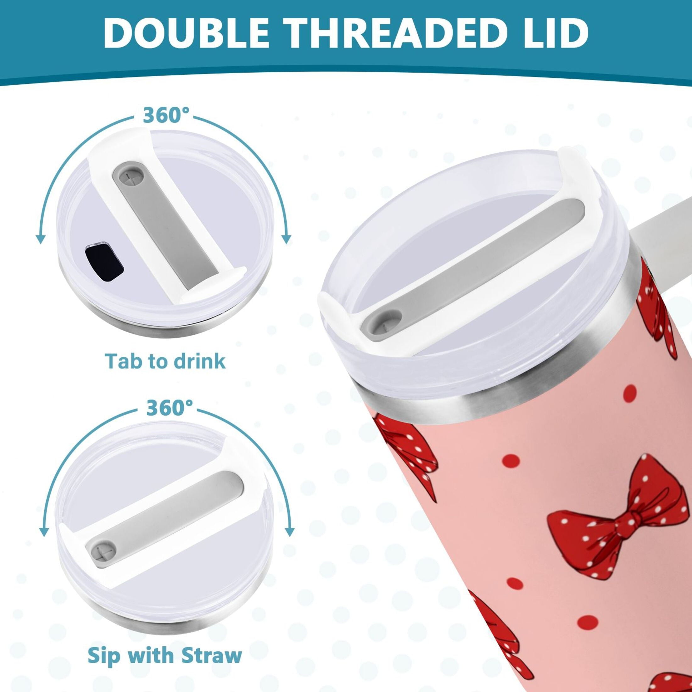 40 oz Insulated Stainless Steel Tumbler Double Wall Stainless Steel Tumbler with 2-Way Drinking Red Bows and Polka Dots C531W
