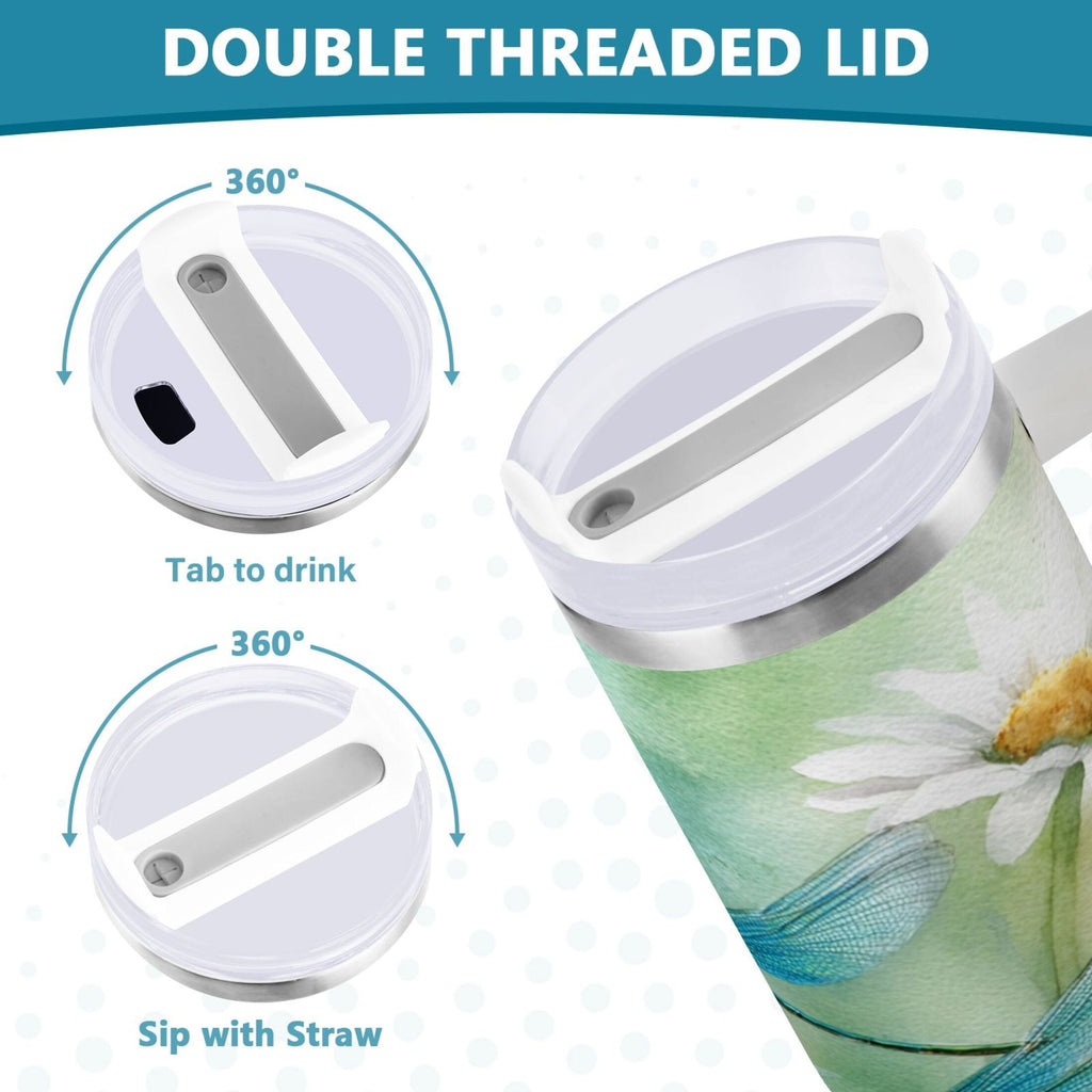 30 oz Insulated Stainless Steel Tumbler Double Wall Stainless Steel Tumbler with 2-Way Drinking Beautiful Dragonflies and Daisies C638S